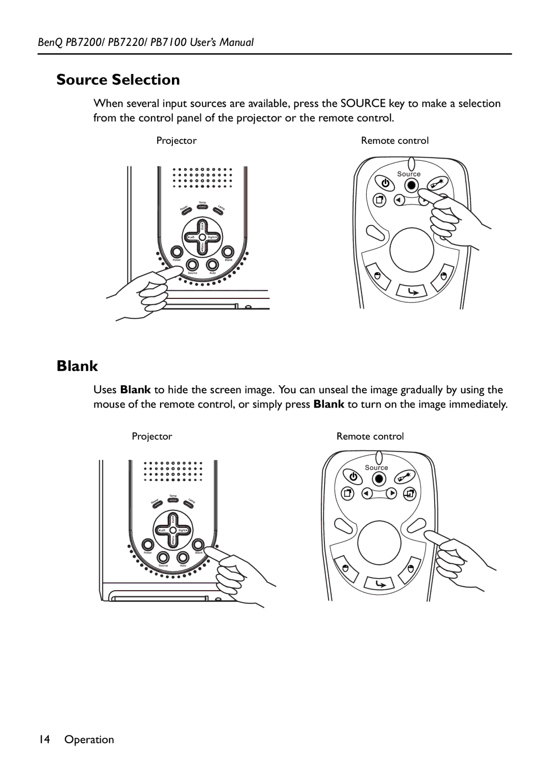 BenQ PB7200 manual Source Selection, Blank 