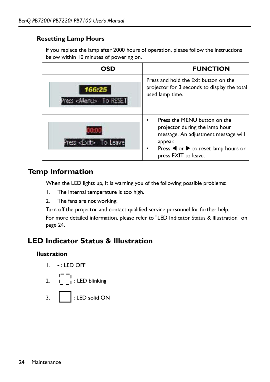 BenQ PB7200 manual Temp Information, LED Indicator Status & Illustration, Resetting Lamp Hours, Llustration 