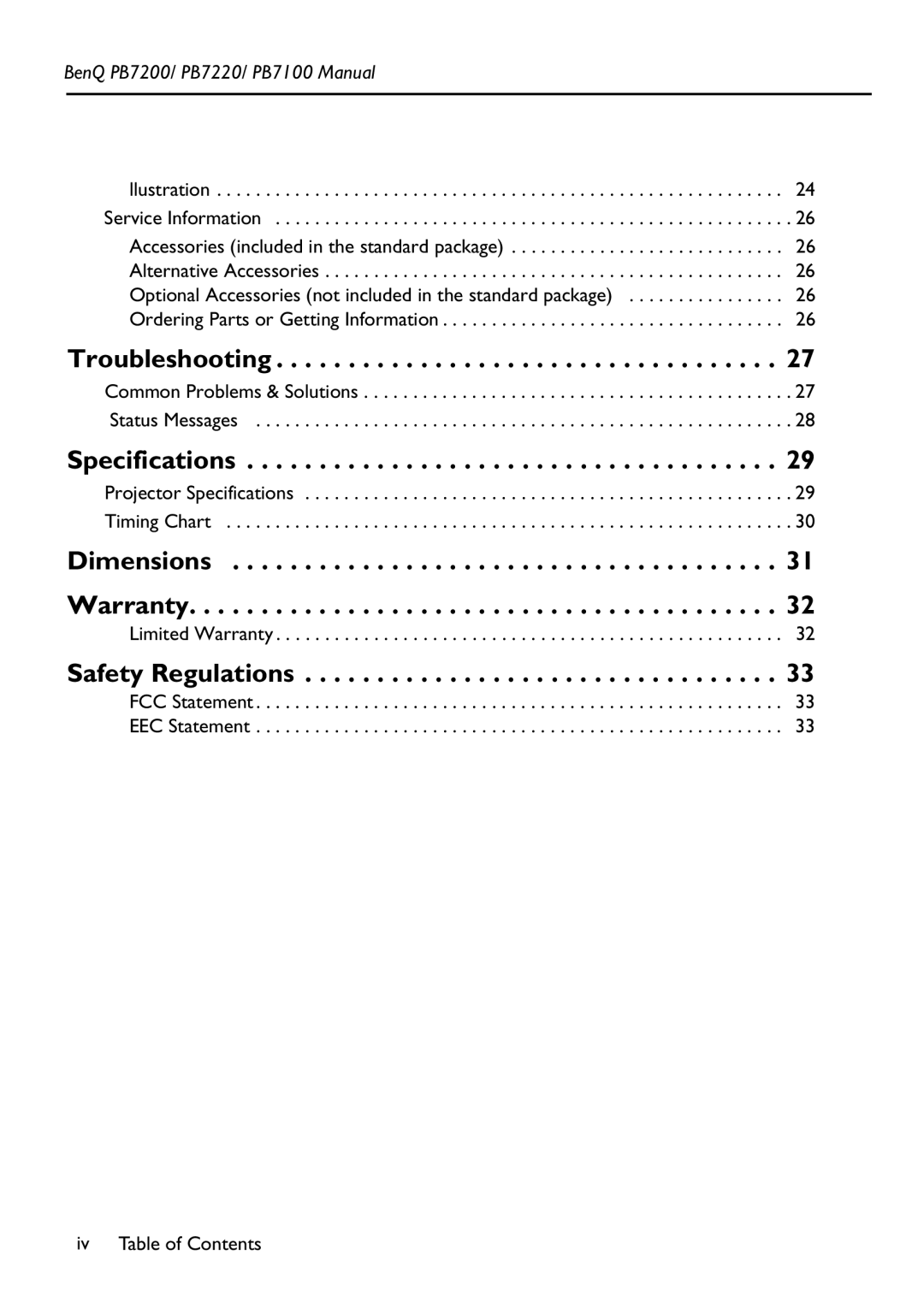 BenQ PB7200 manual Troubleshooting, Specifications, Dimensions Warranty, Safety Regulations 