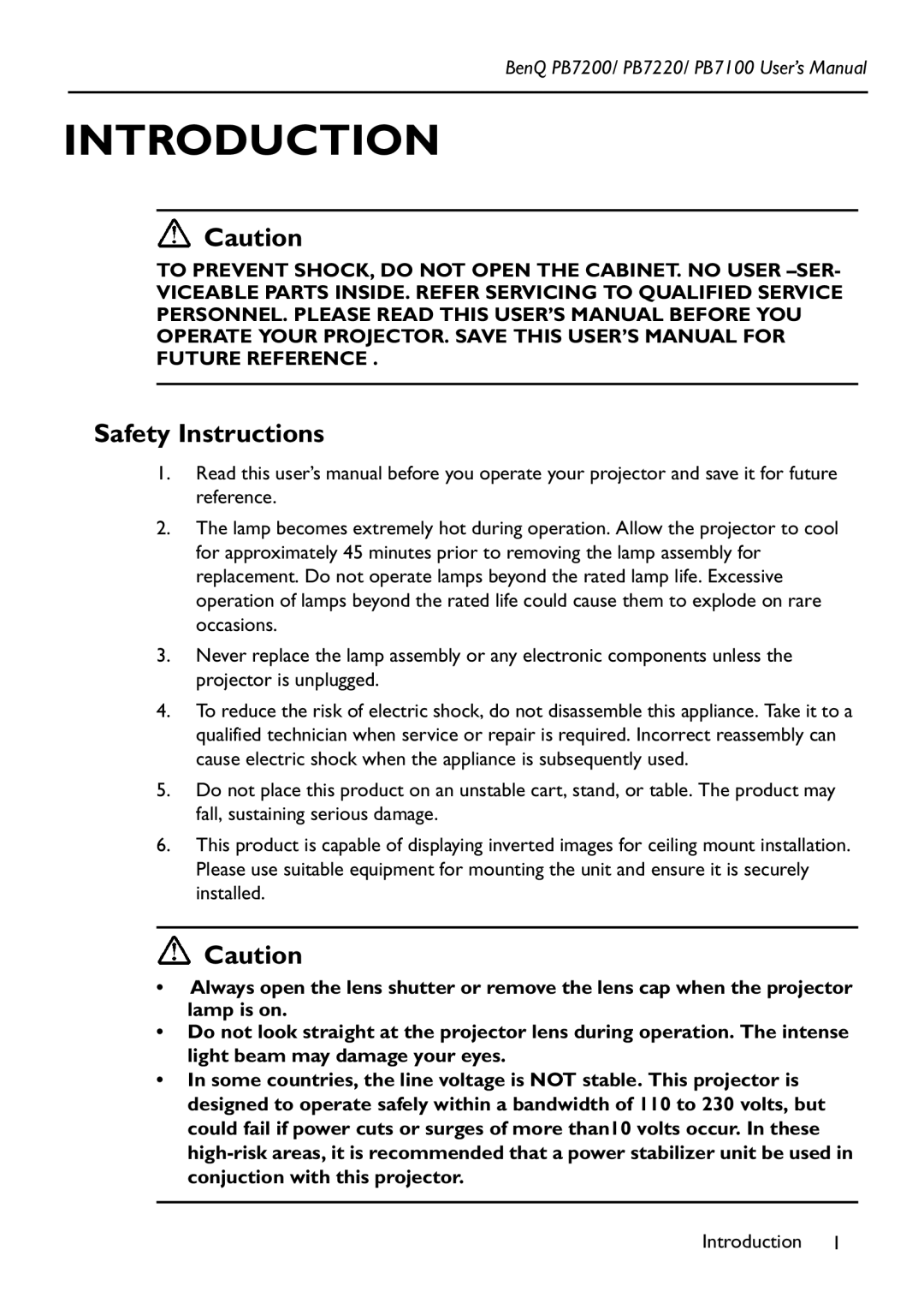 BenQ PB7200 manual Introduction, Safety Instructions 