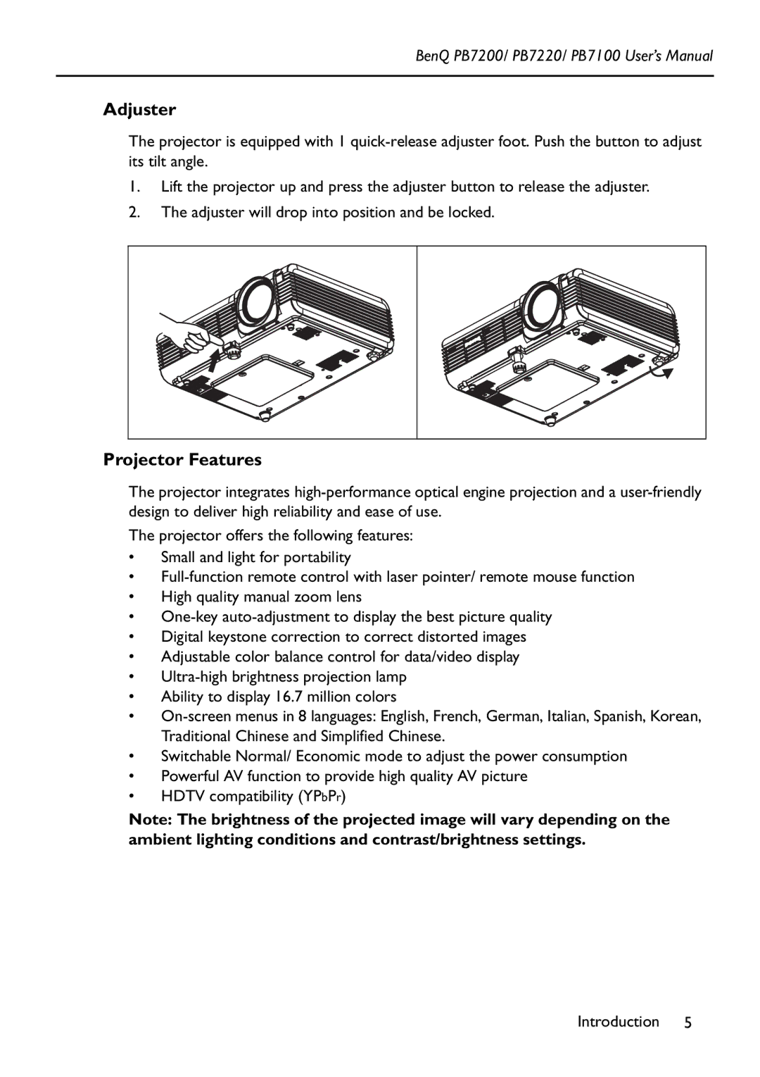 BenQ PB7200 manual Adjuster, Projector Features 