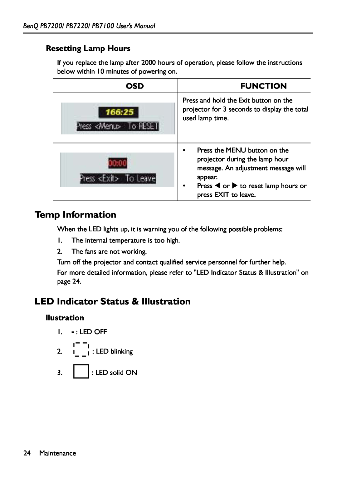 BenQ PB7200 manual Temp Information, LED Indicator Status & Illustration, Resetting Lamp Hours, Function 