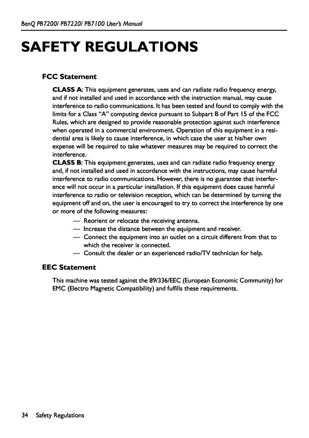 BenQ manual Safety Regulations, FCC Statement, EEC Statement, BenQ PB7200/ PB7220/ PB7100 User’s Manual 