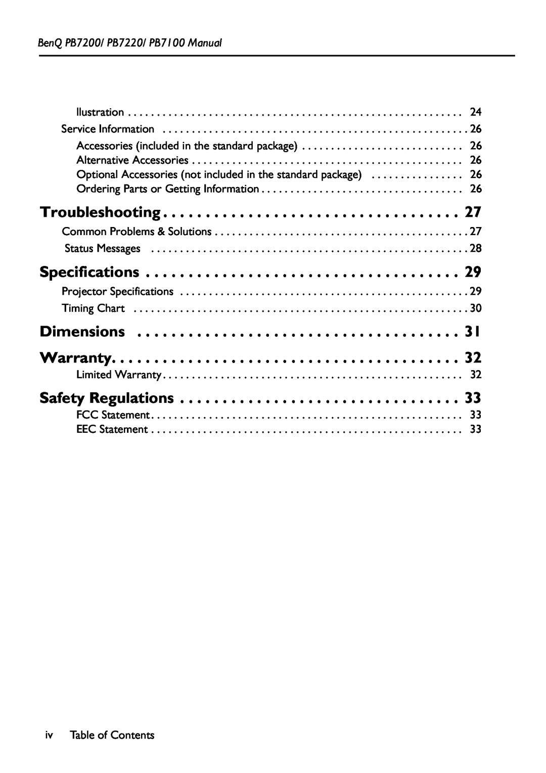 BenQ manual Troubleshooting, Specifications, Safety Regulations, BenQ PB7200/ PB7220/ PB7100 Manual 