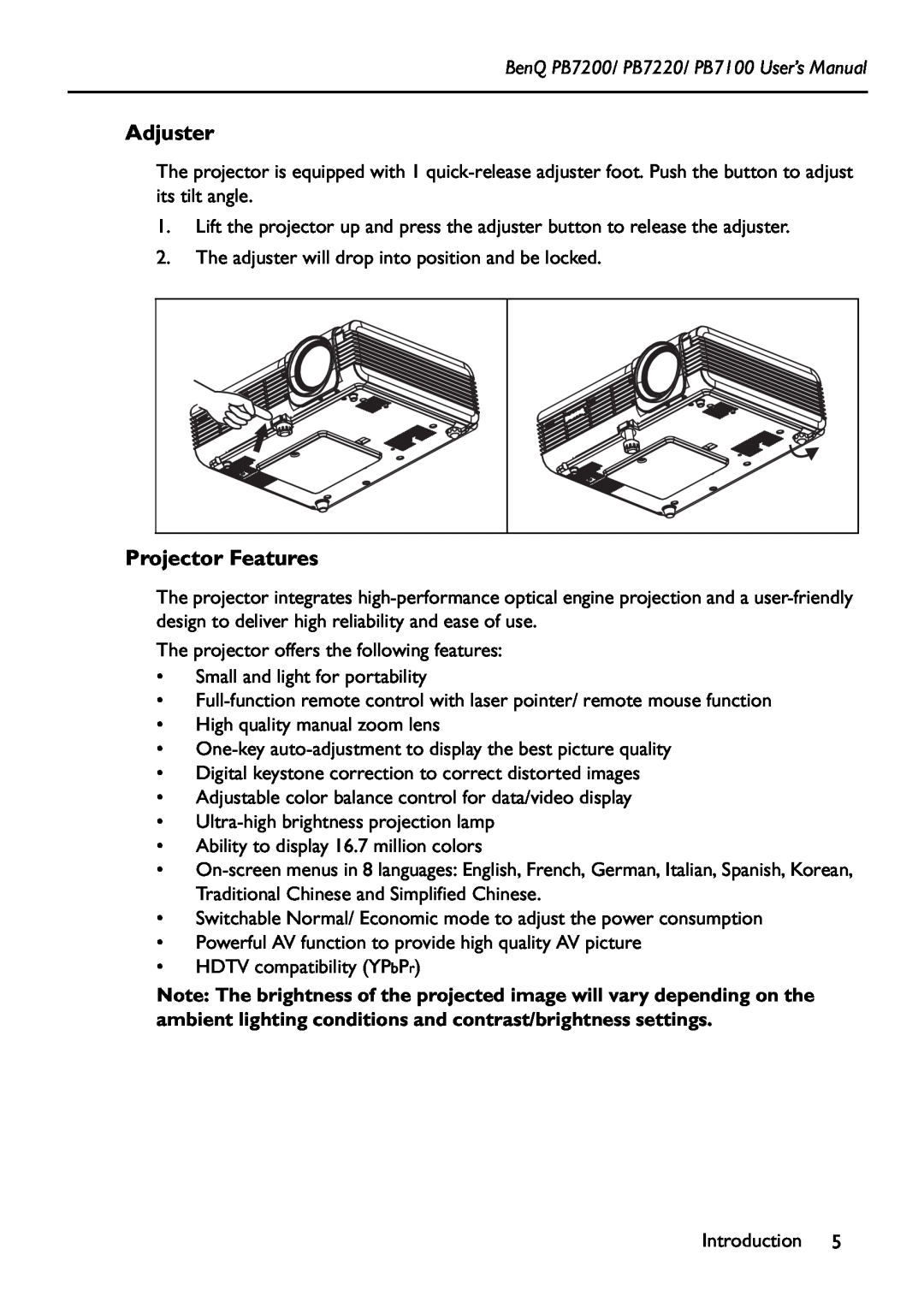 BenQ manual Adjuster, Projector Features, BenQ PB7200/ PB7220/ PB7100 User’s Manual 