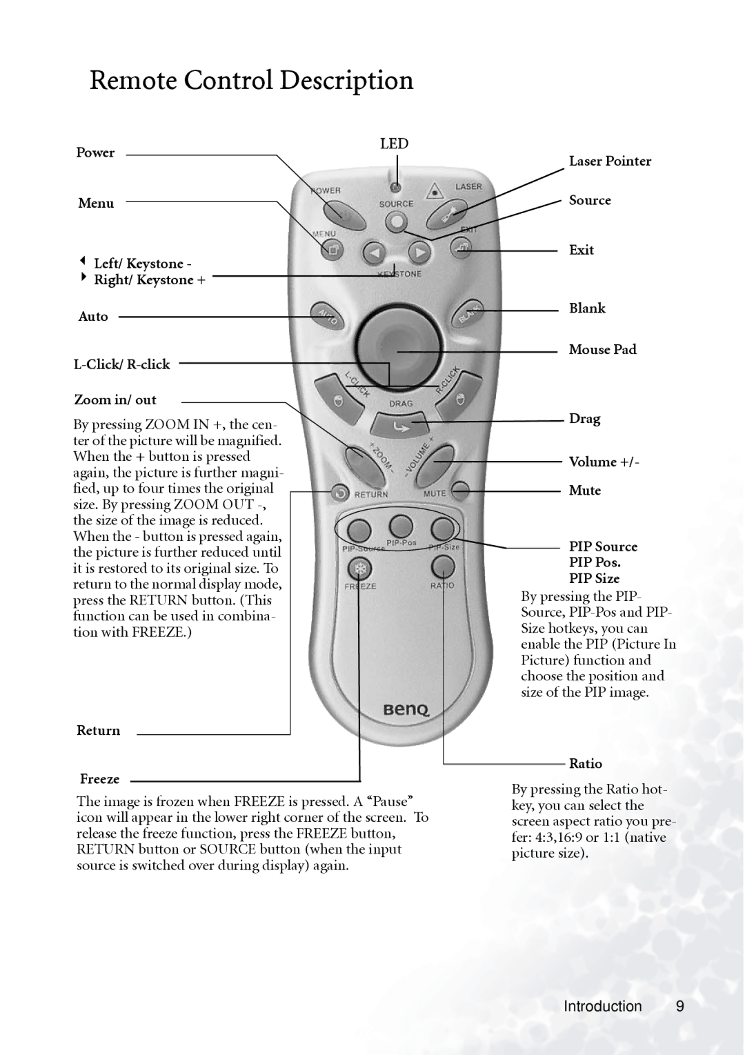 BenQ PB7230 manual Return Freeze, Ratio 