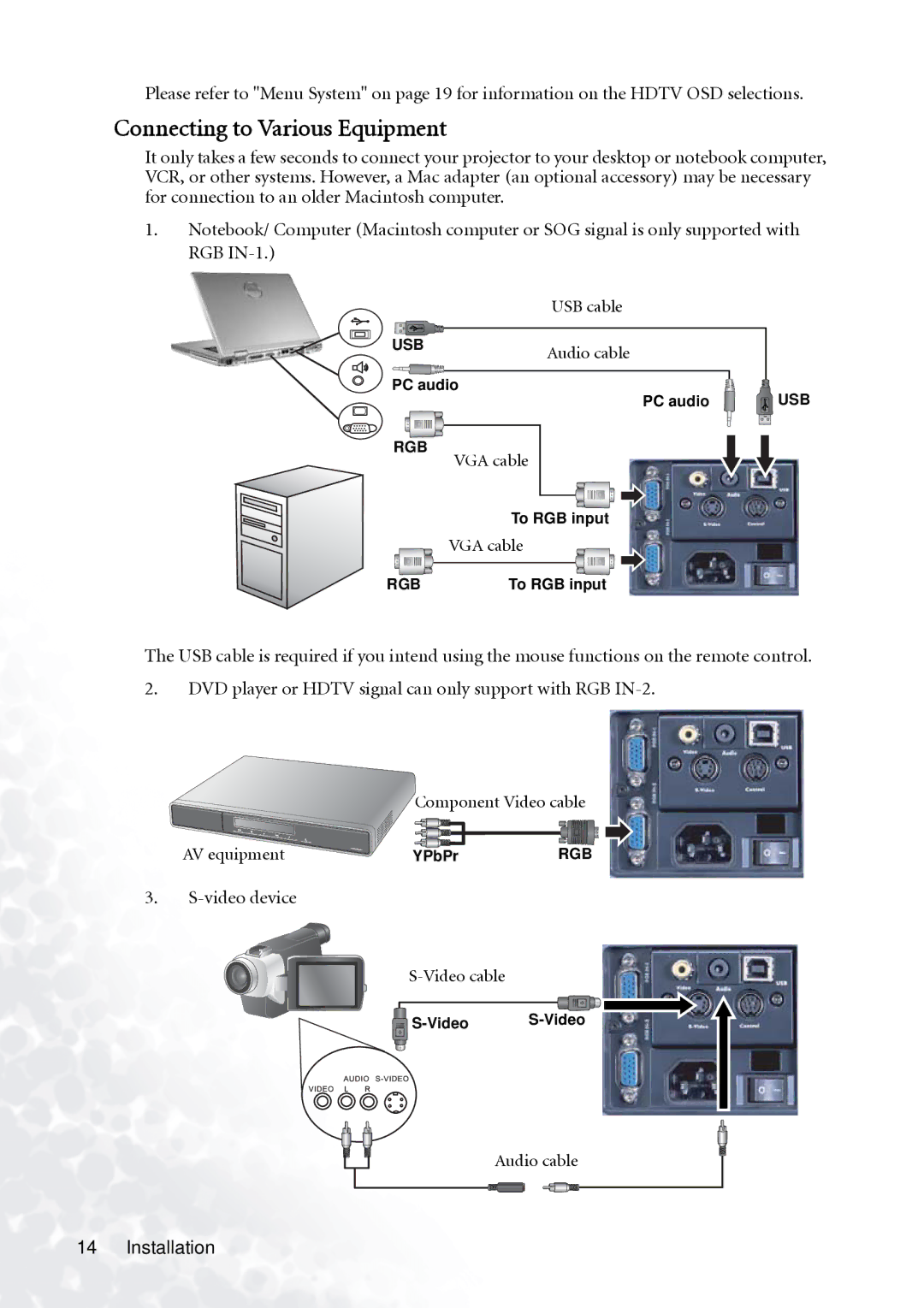 BenQ PB7230 manual Connecting to Various Equipment, VGA cable, AV equipment 