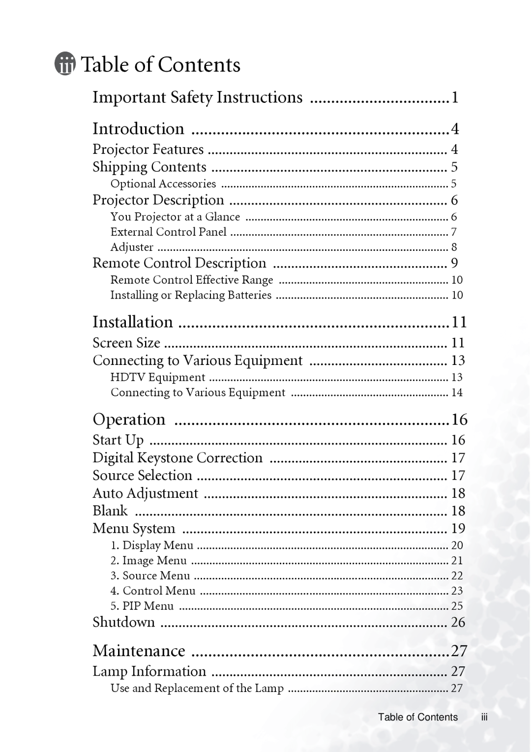 BenQ PB7230 manual Table of Contents 