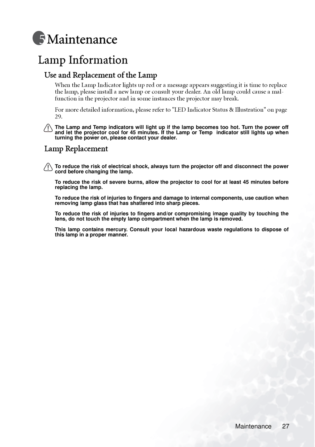 BenQ PB7230 manual Maintenance, Lamp Information, Use and Replacement of the Lamp, Lamp Replacement 