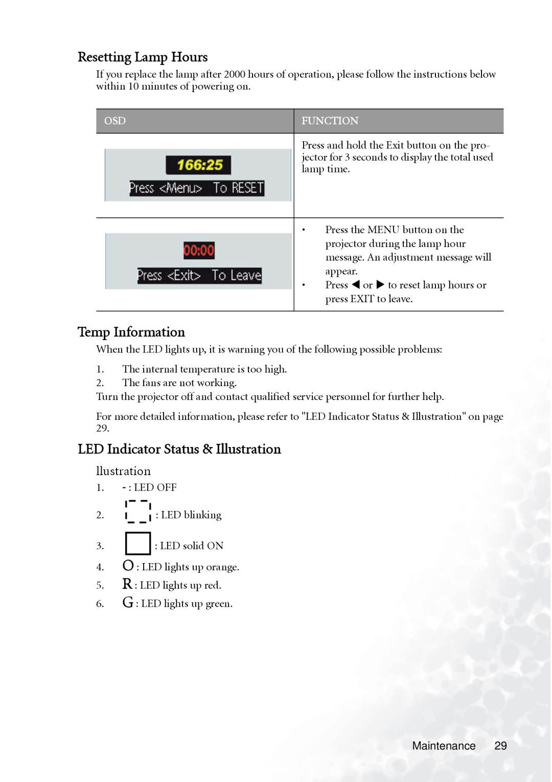 BenQ PB7230 manual Resetting Lamp Hours, Temp Information, LED Indicator Status & Illustration 