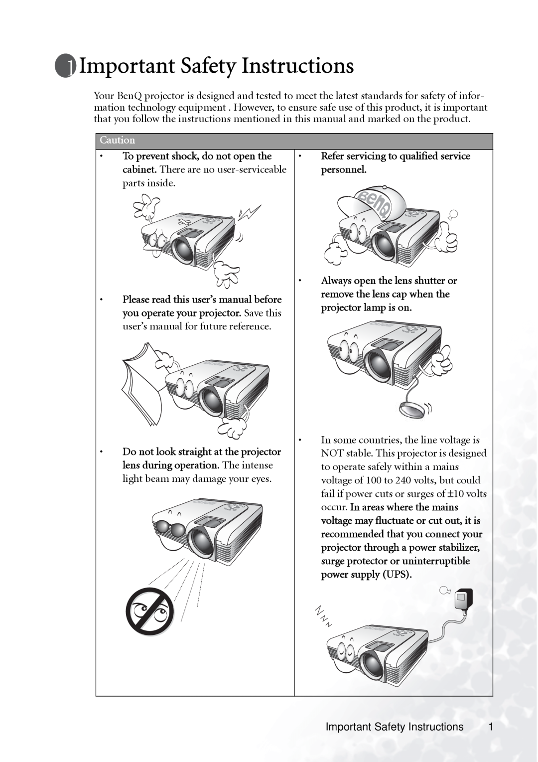 BenQ PB7230 manual Important Safety Instructions, Refer servicing to qualified service personnel 