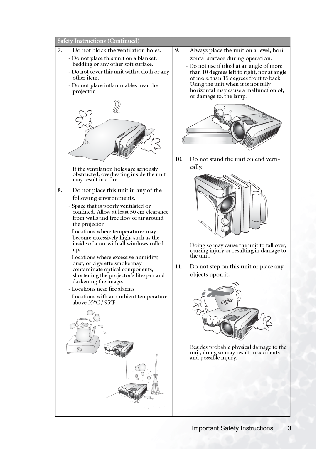 BenQ PB7230 manual Safety Instructions Continued 