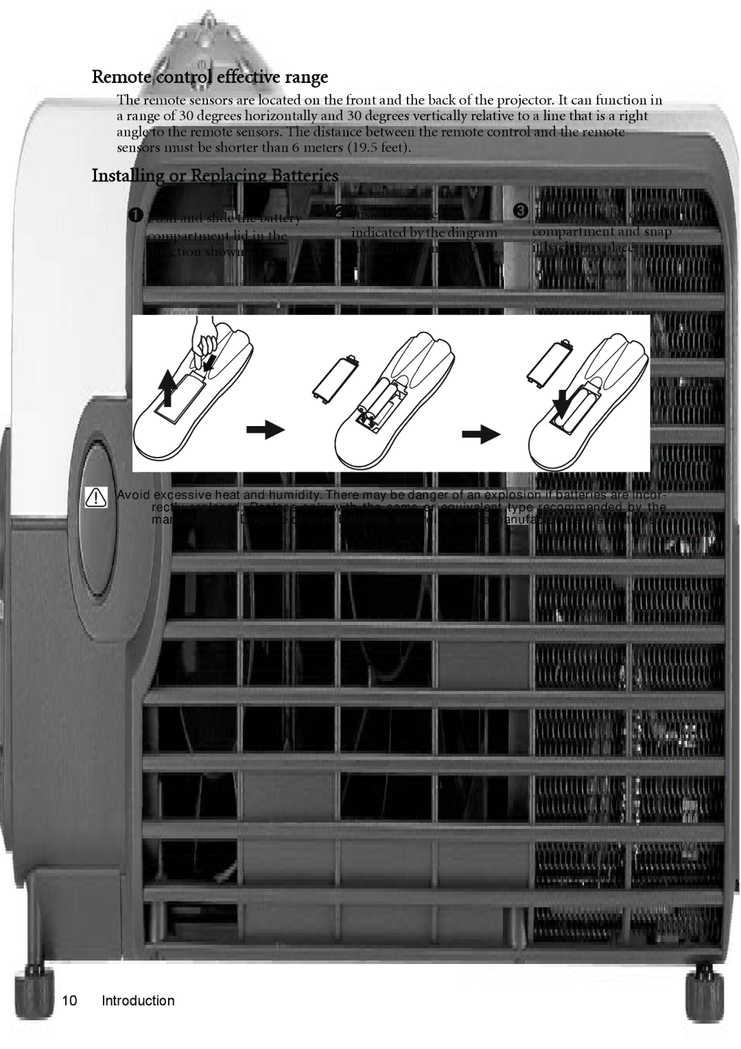 BenQ PB8220, PB8230, PB8120 user manual Remote control effective range, Installing or Replacing Batteries 