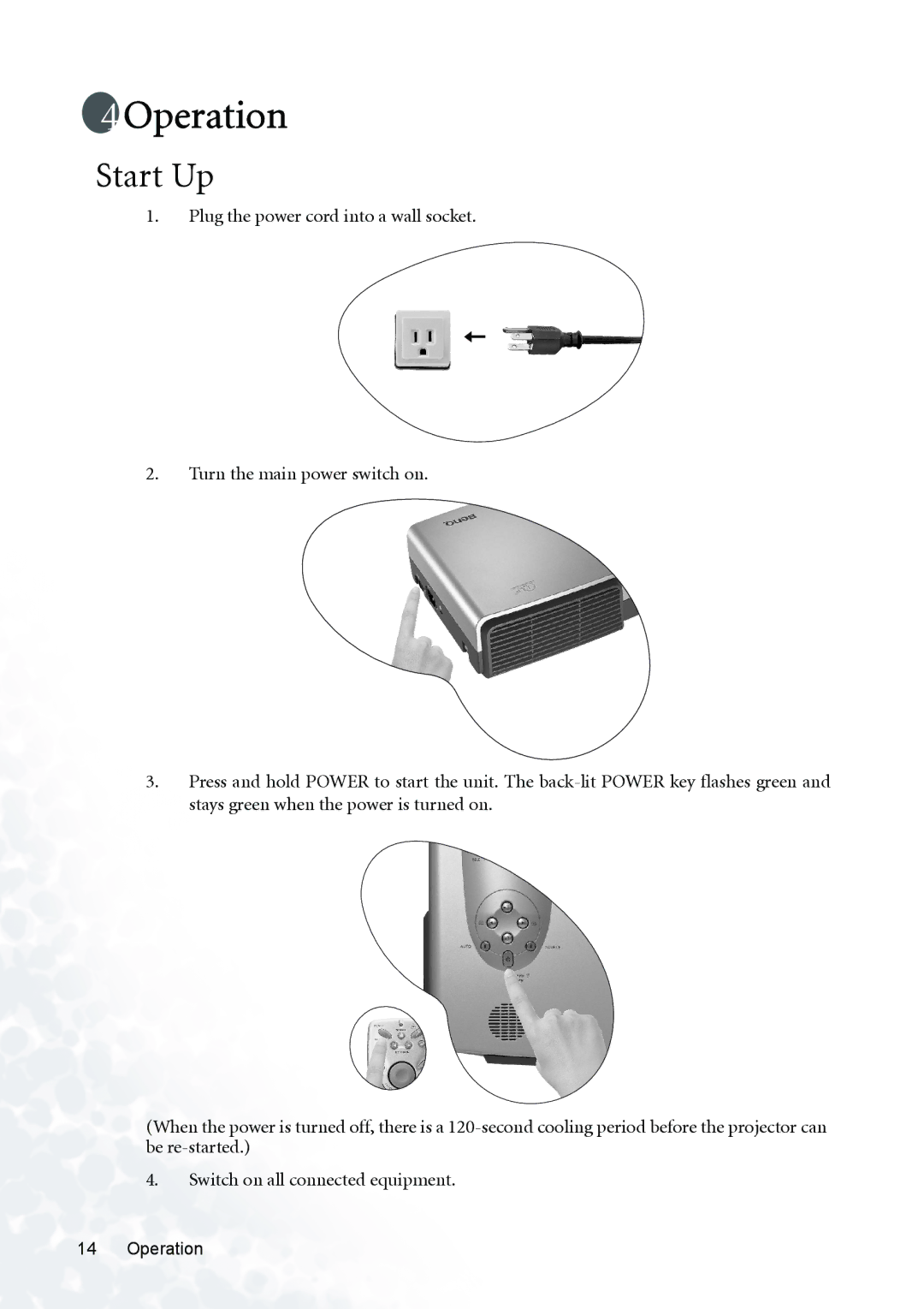 BenQ PB8230, PB8120, PB8220 user manual Operation, Start Up 