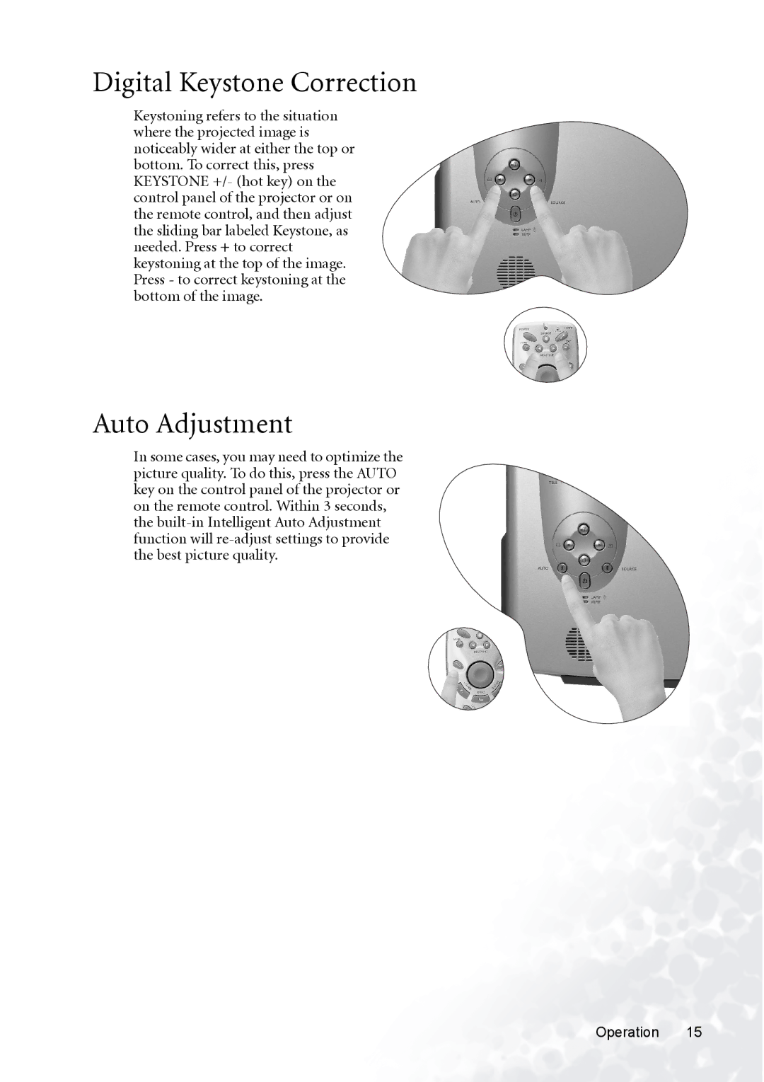 BenQ PB8120, PB8230, PB8220 user manual Digital Keystone Correction, Auto Adjustment 