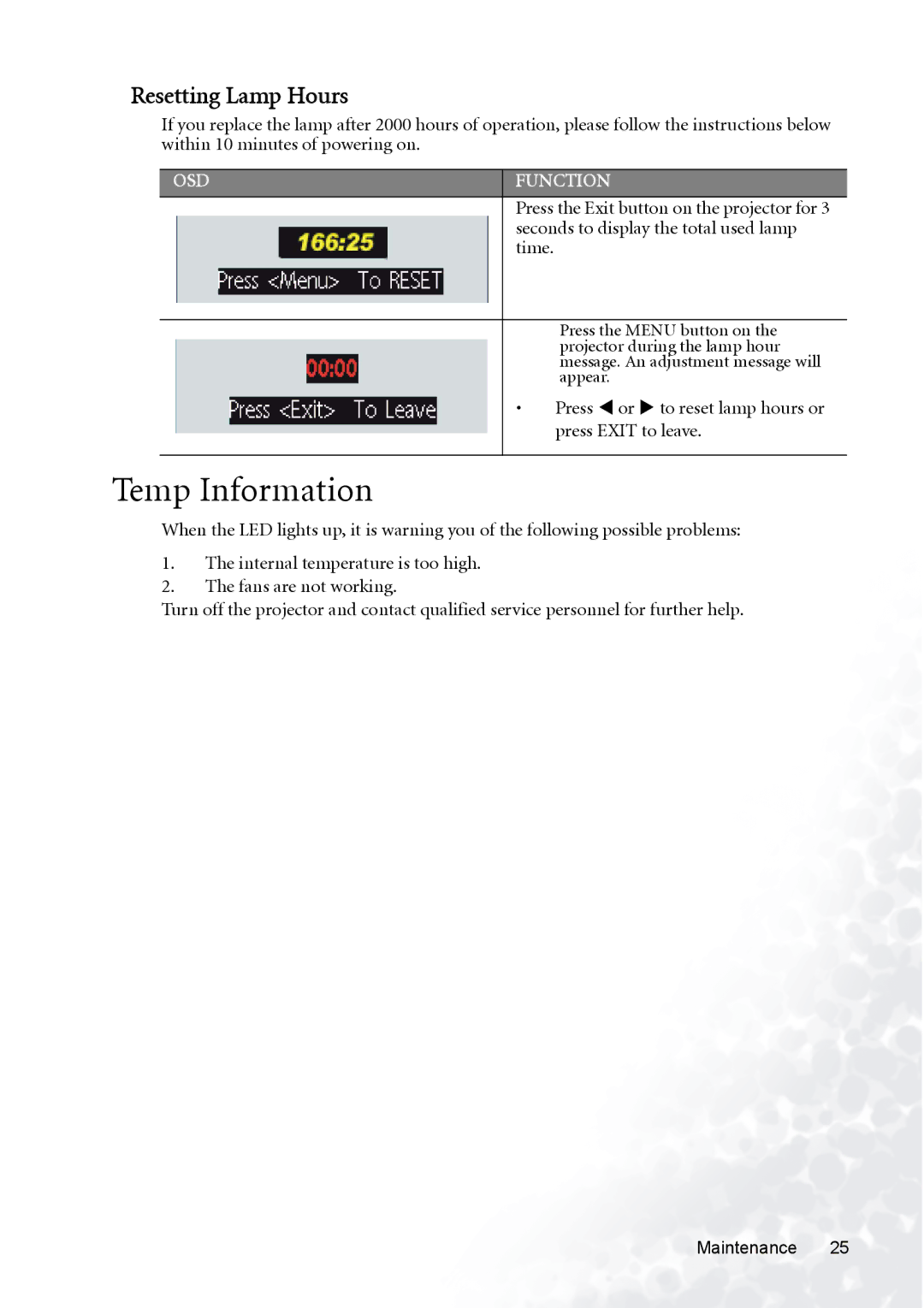 BenQ PB8220, PB8230, PB8120 user manual Temp Information, Resetting Lamp Hours 