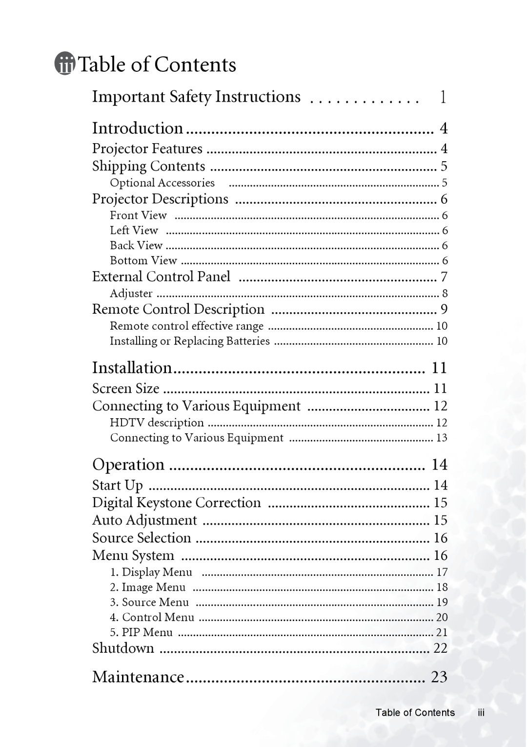 BenQ PB8230, PB8120, PB8220 user manual Table of Contents 