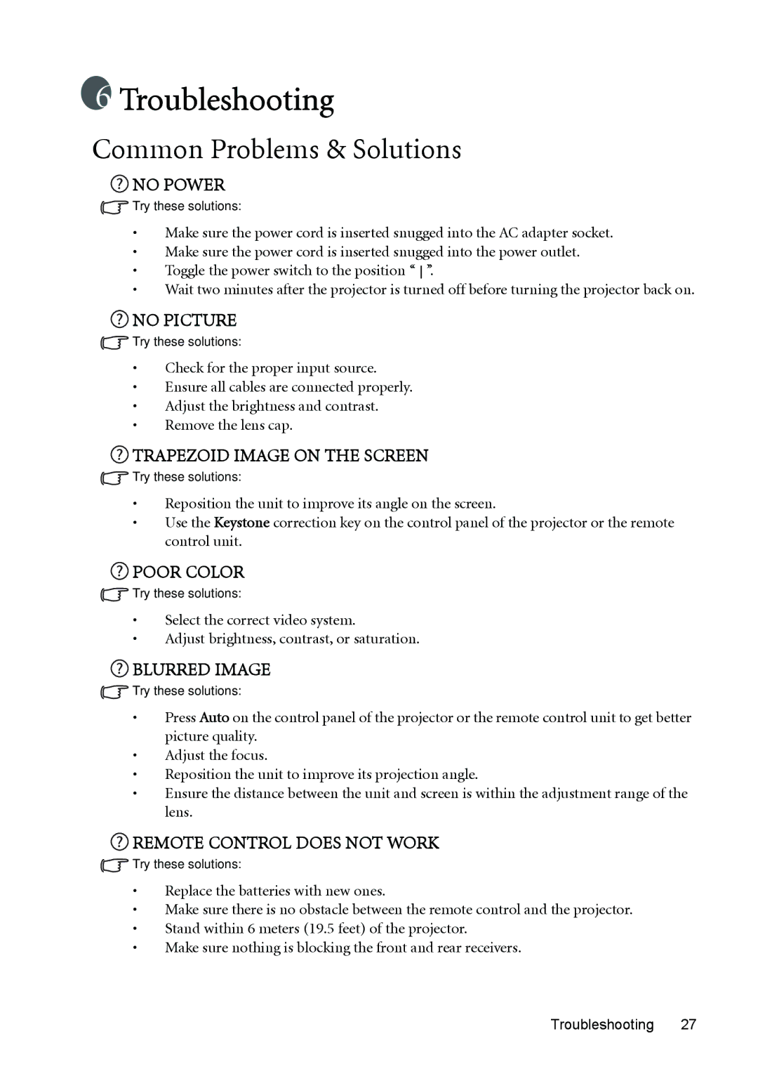 BenQ PB8120, PB8230, PB8220 user manual Troubleshooting, Common Problems & Solutions 