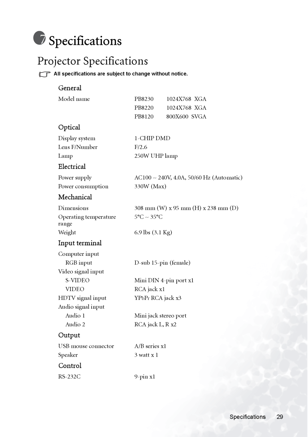 BenQ PB8230, PB8120, PB8220 user manual Projector Specifications 