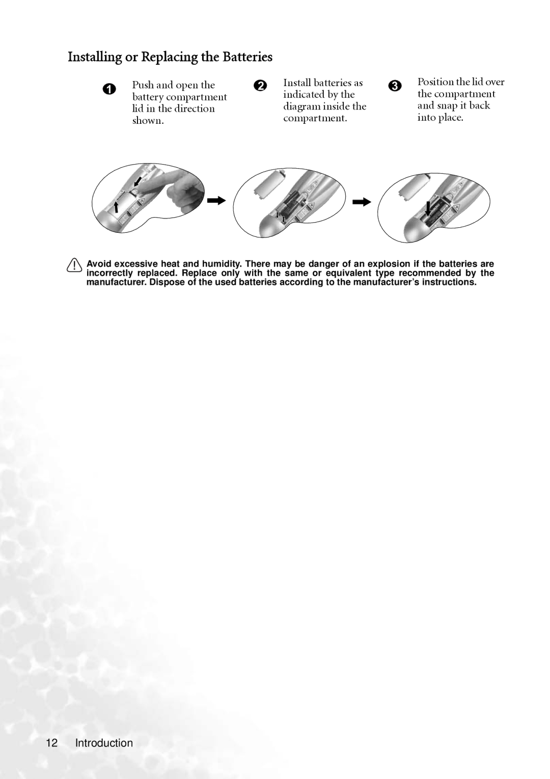 BenQ PB8240, PB8250 user manual Installing or Replacing the Batteries, Push and open Install batteries as 