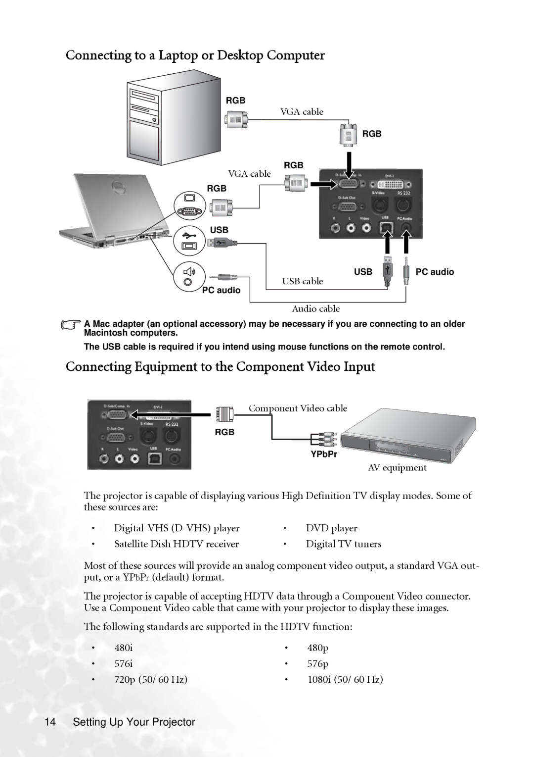 BenQ PB8240 Connecting to a Laptop or Desktop Computer, Connecting Equipment to the Component Video Input, Audio cable 