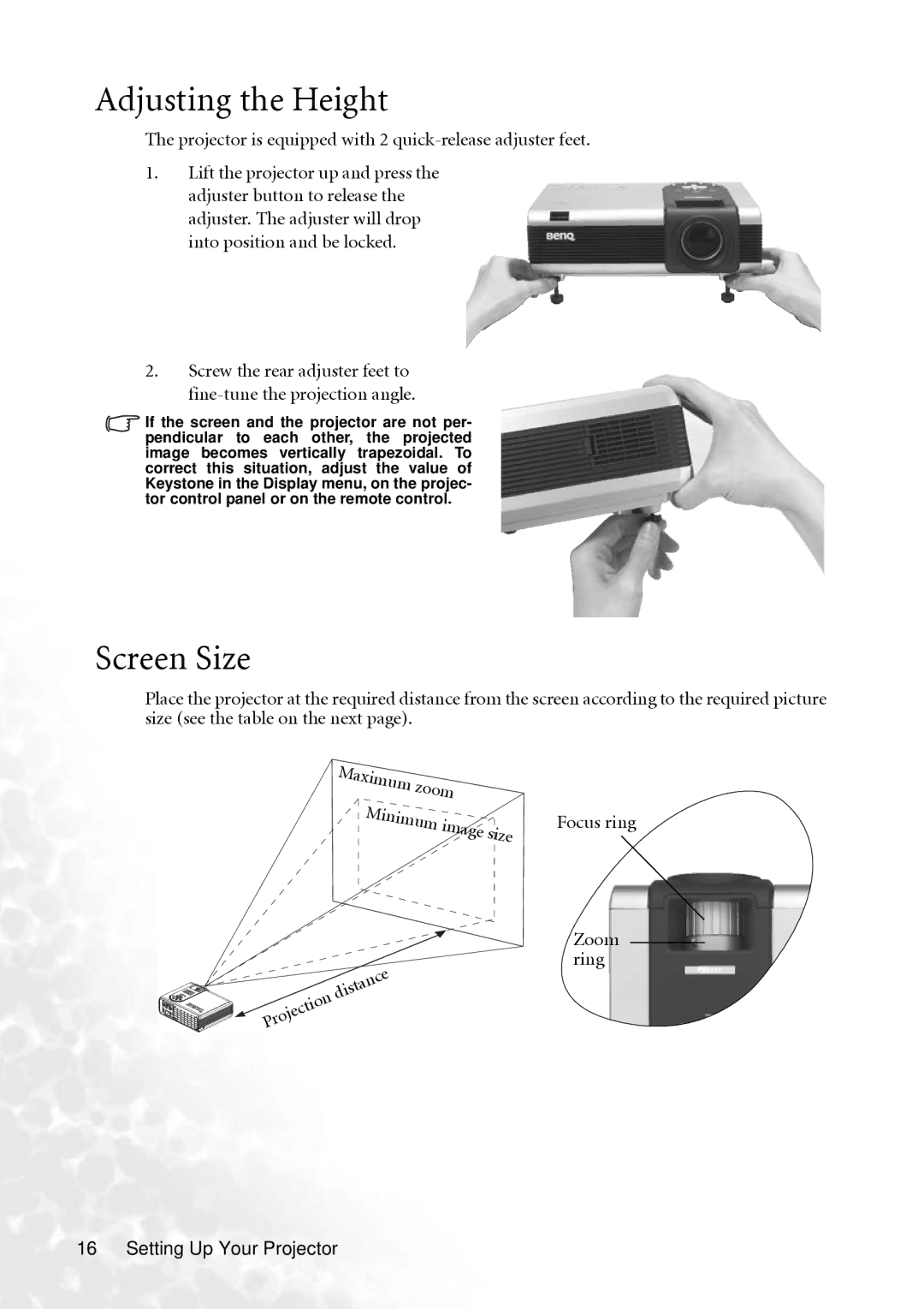 BenQ PB8240, PB8250 user manual Adjusting the Height, Screen Size, Focus ring Zoom ring Setting Up Your Projector 