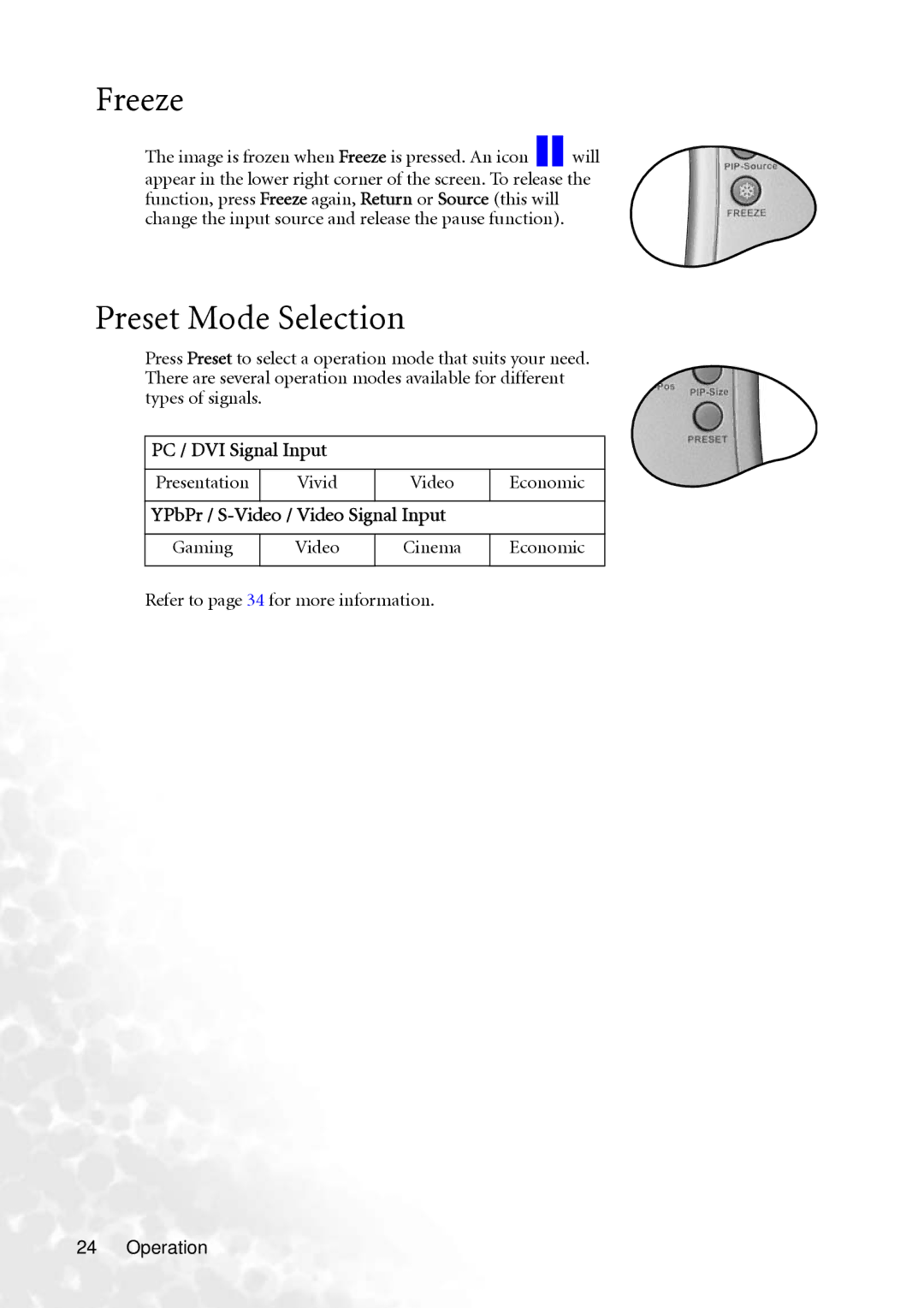 BenQ PB8240, PB8250 user manual Freeze, Preset Mode Selection 