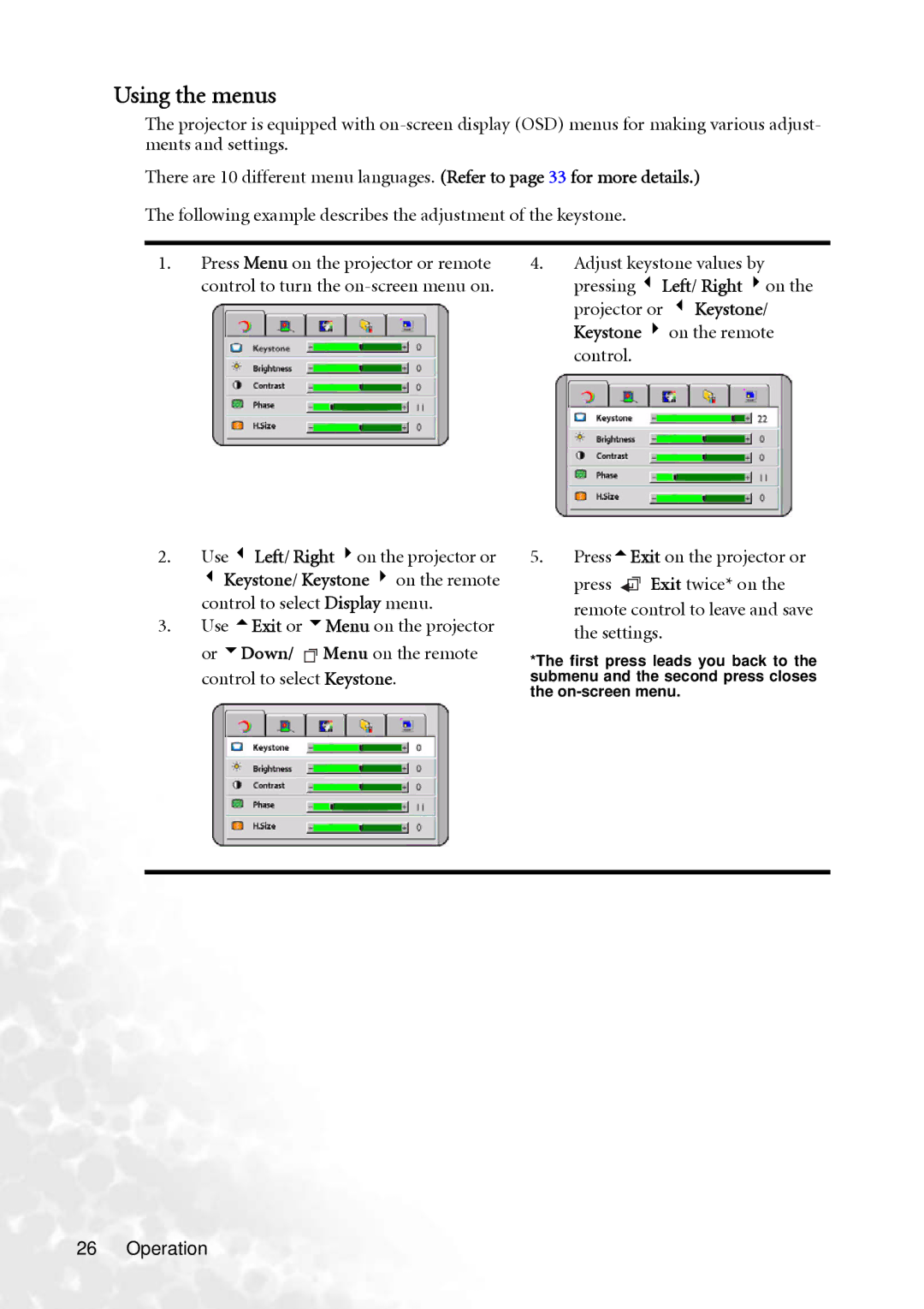 BenQ PB8240, PB8250 user manual Using the menus 