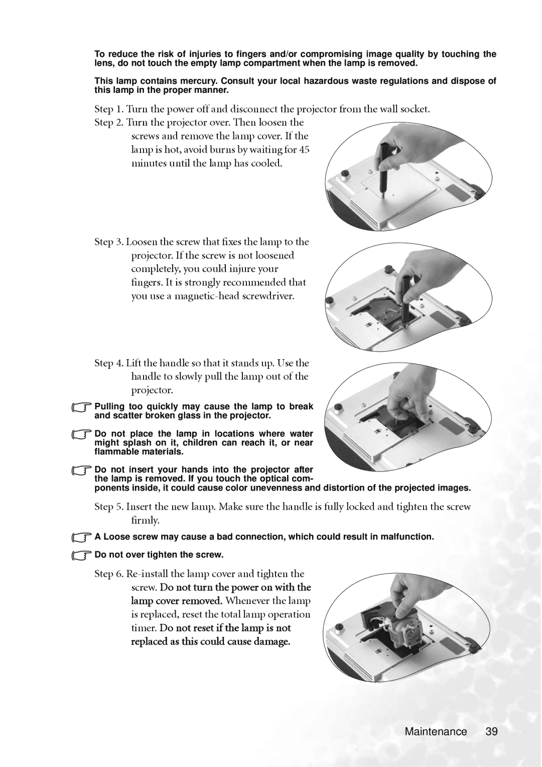 BenQ PB8250, PB8240 user manual Maintenance 