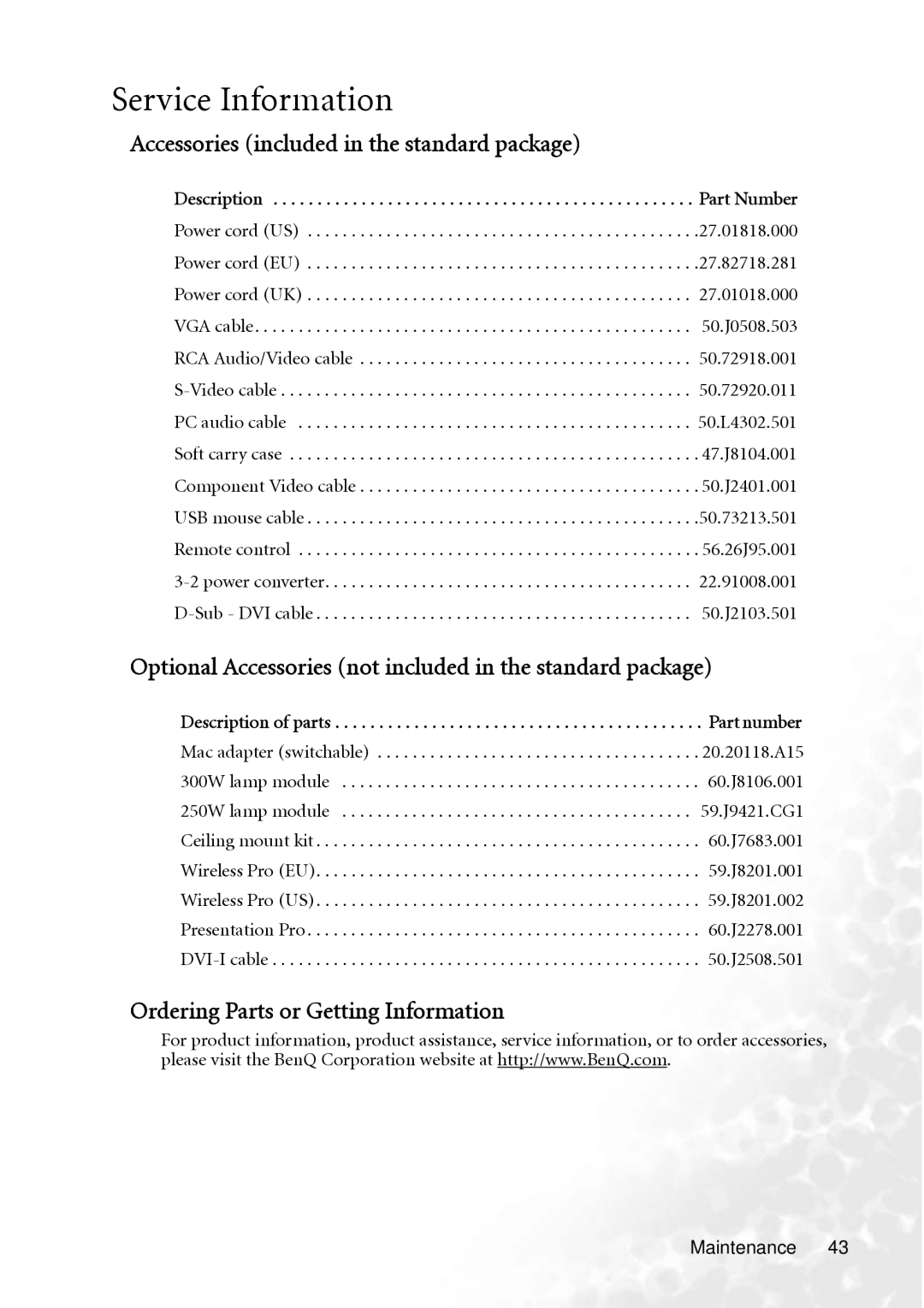 BenQ PB8250 Service Information, Accessories included in the standard package, Ordering Parts or Getting Information 