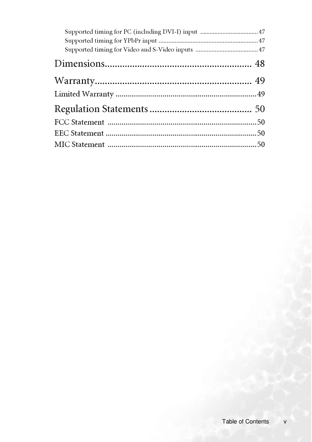 BenQ PB8250, PB8240 user manual Supported timing for PC including DVI-I input, Table of Contents 