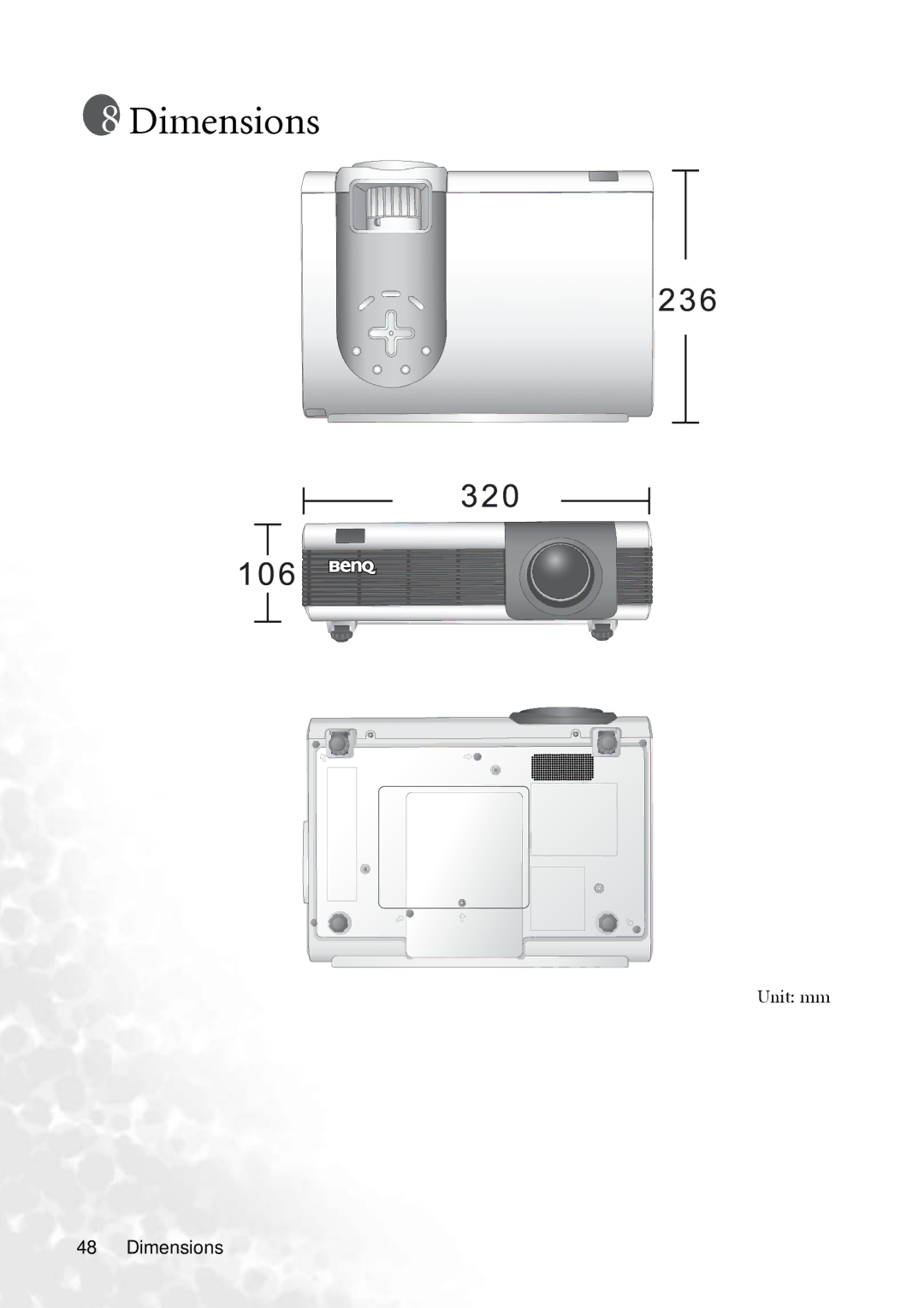 BenQ PB8240, PB8250 user manual Unit mm Dimensions 