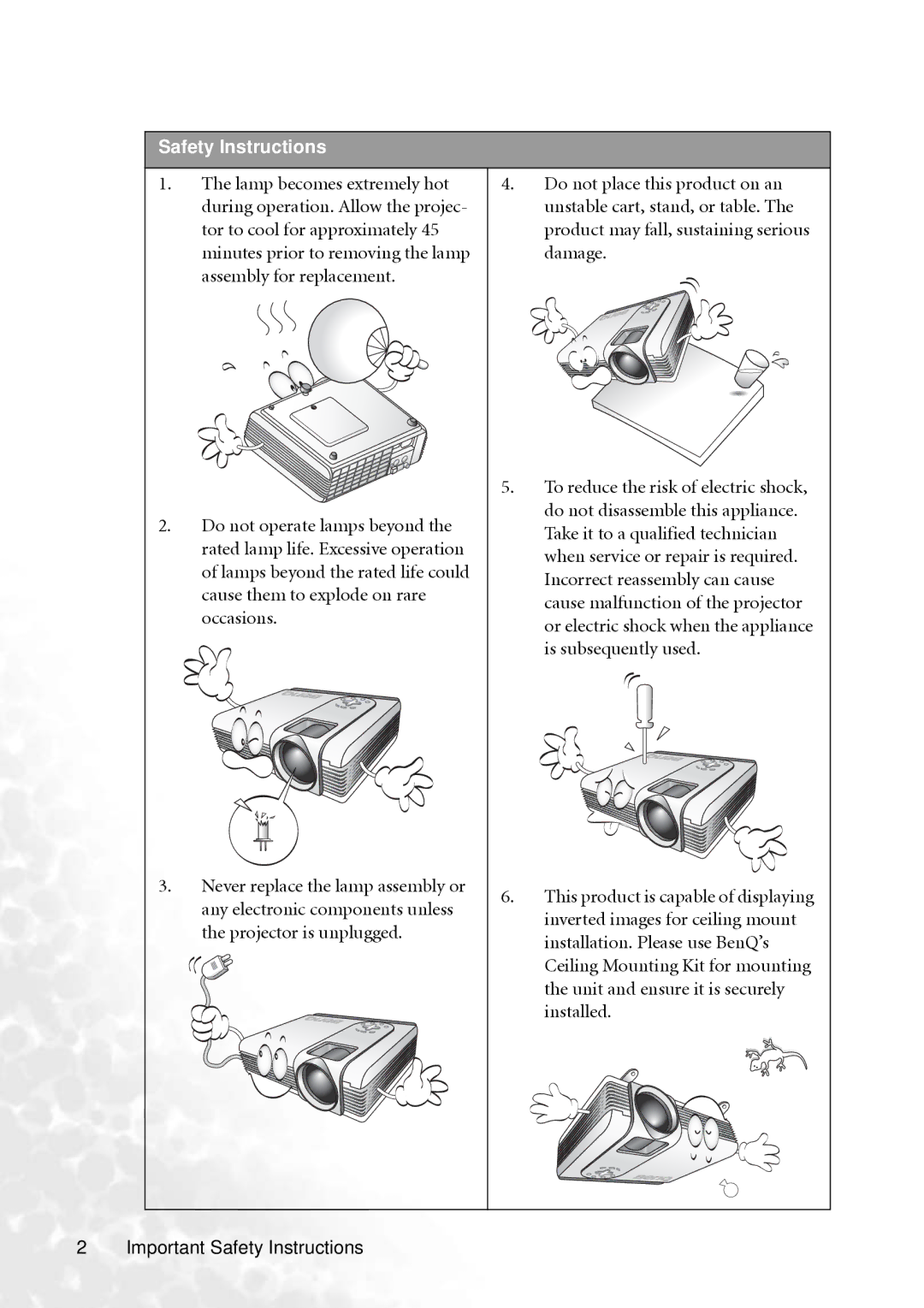 BenQ PB8240, PB8250 user manual Safety Instructions 