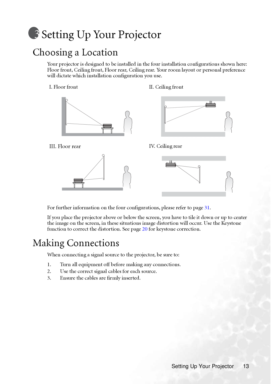 BenQ PB8250, PB8240 user manual Setting Up Your Projector, Choosing a Location, Making Connections 