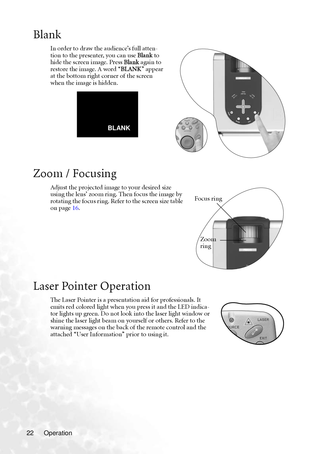 BenQ PB8240, PB8250 user manual Blank, Zoom / Focusing, Laser Pointer Operation 