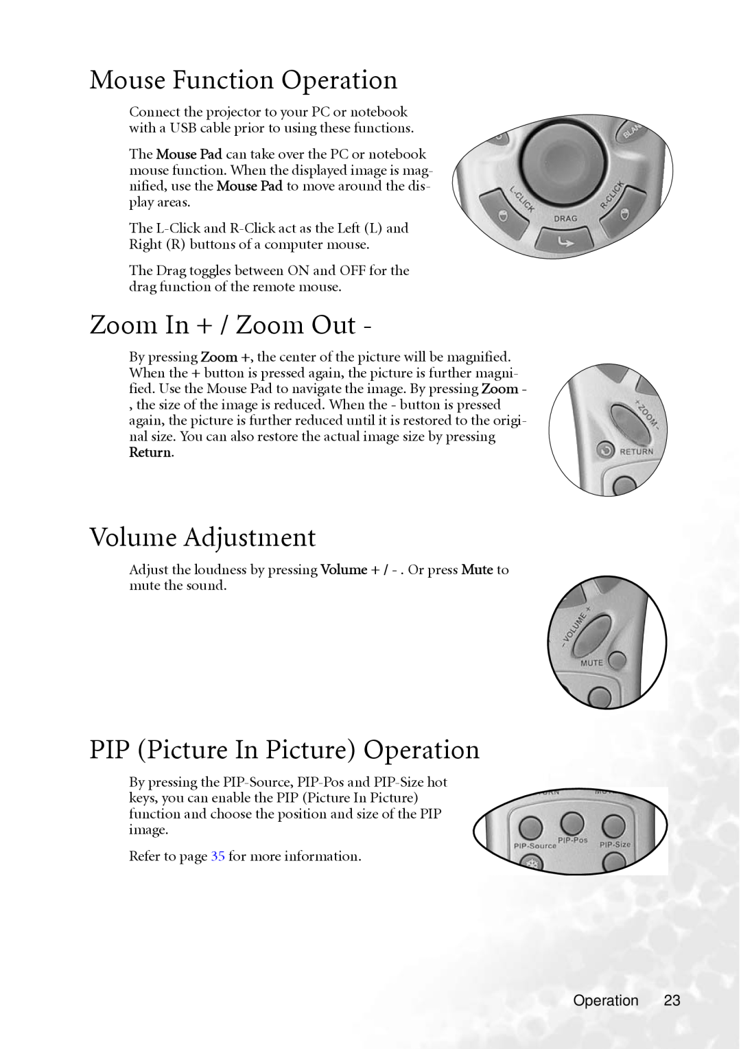 BenQ PB8250, PB8240 Mouse Function Operation, Zoom In + / Zoom Out, Volume Adjustment, PIP Picture In Picture Operation 