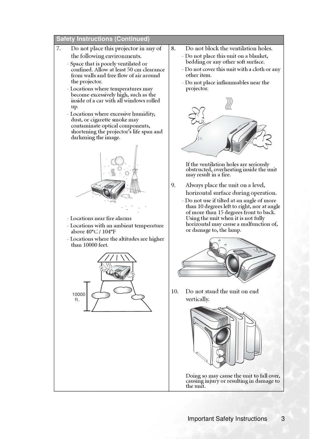 BenQ PB8250, PB8240 user manual Safety Instructions Continued, 10000 ft 