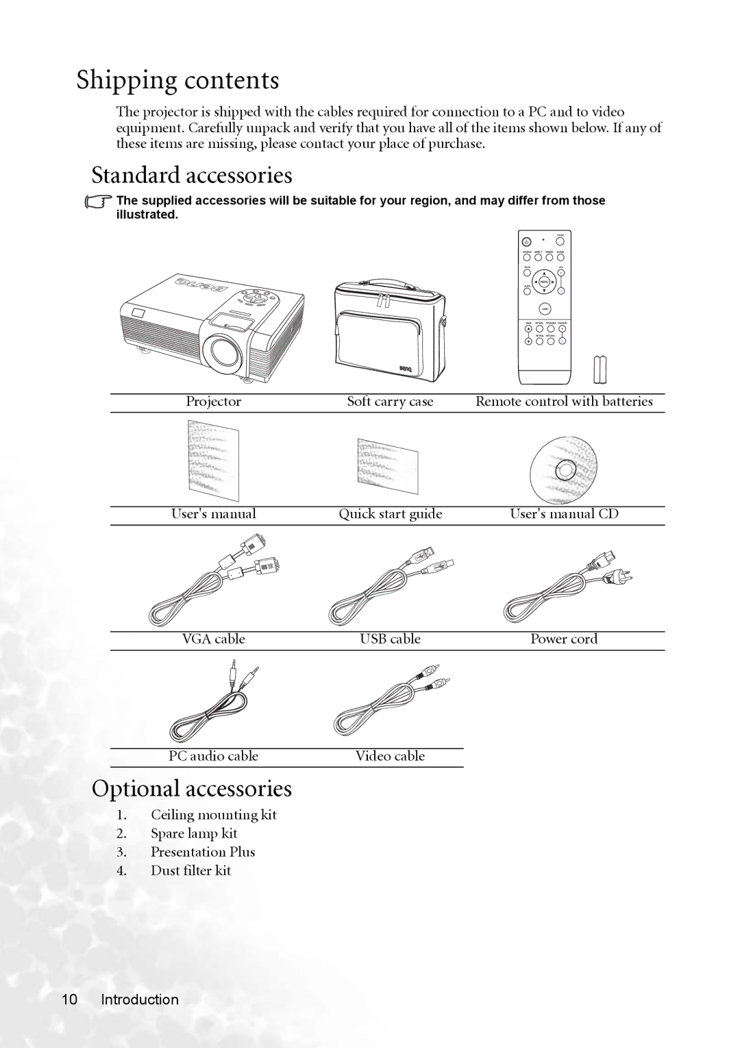 BenQ PB8253 user manual Shipping contents 