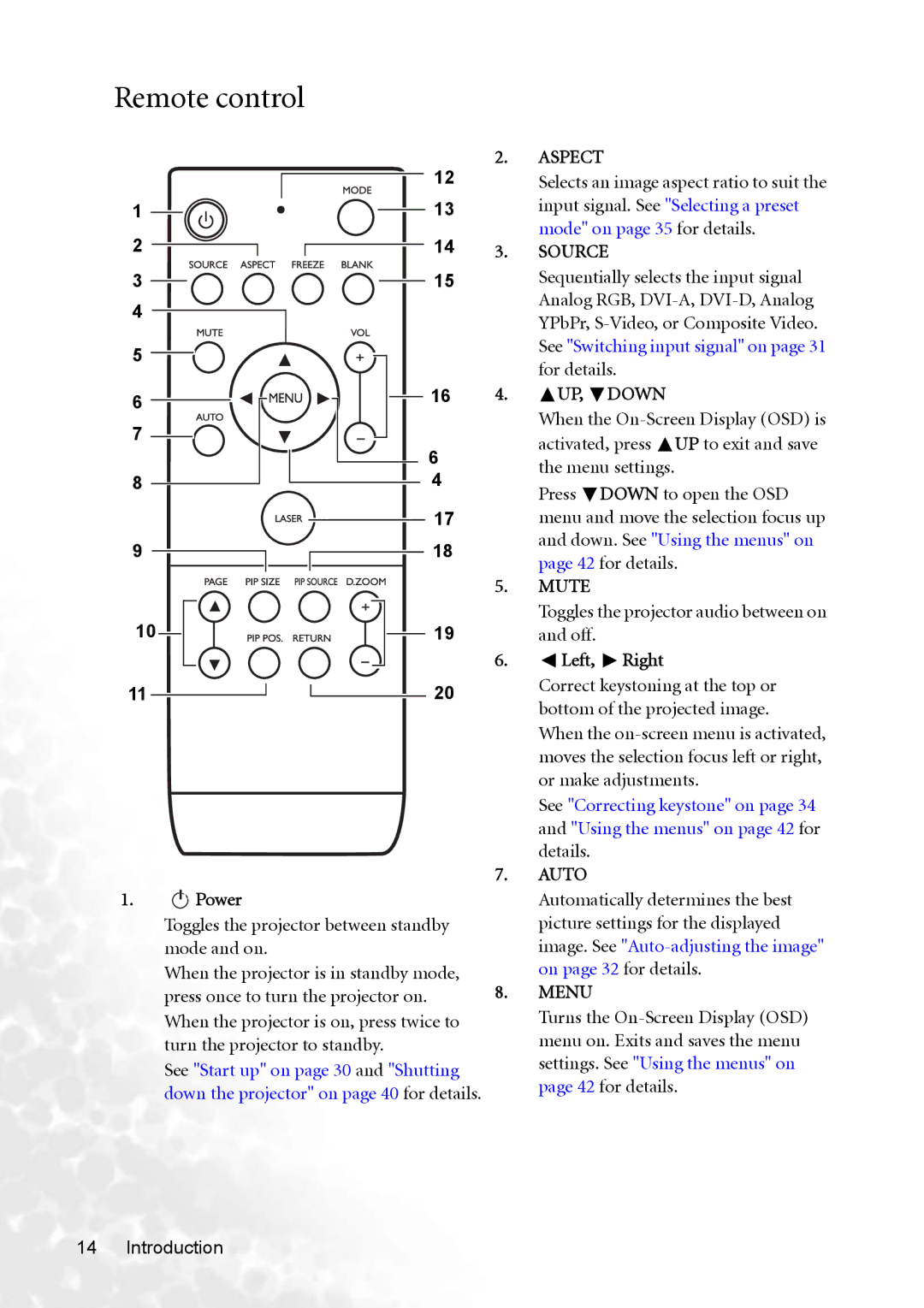 BenQ PB8253 user manual Remote control 