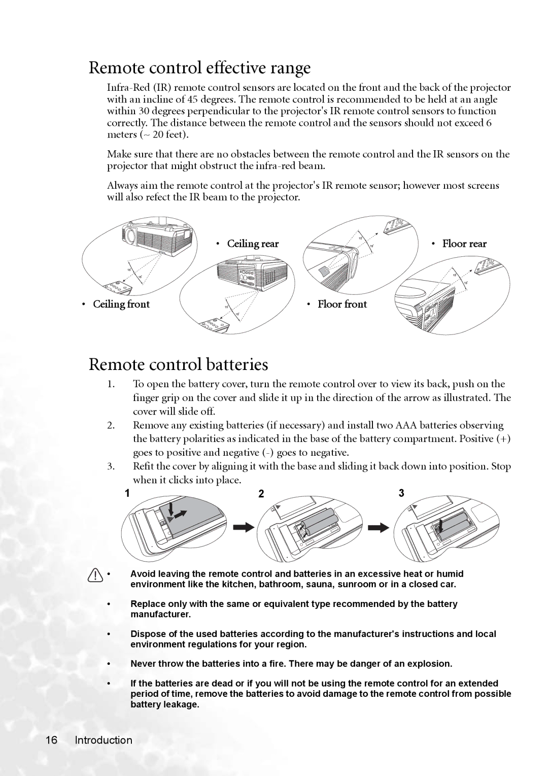 BenQ PB8253 user manual Remote control effective range, Remote control batteries, Ceiling rear, Ceiling front Floor front 