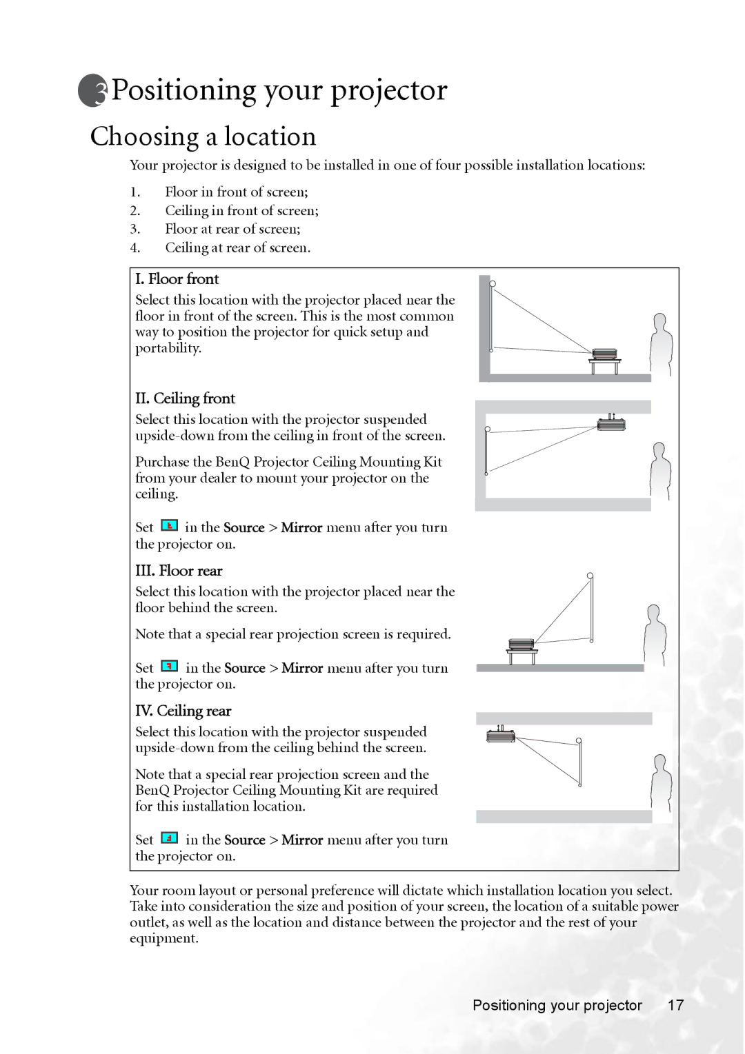 BenQ PB8253 user manual Positioning your projector, Choosing a location 