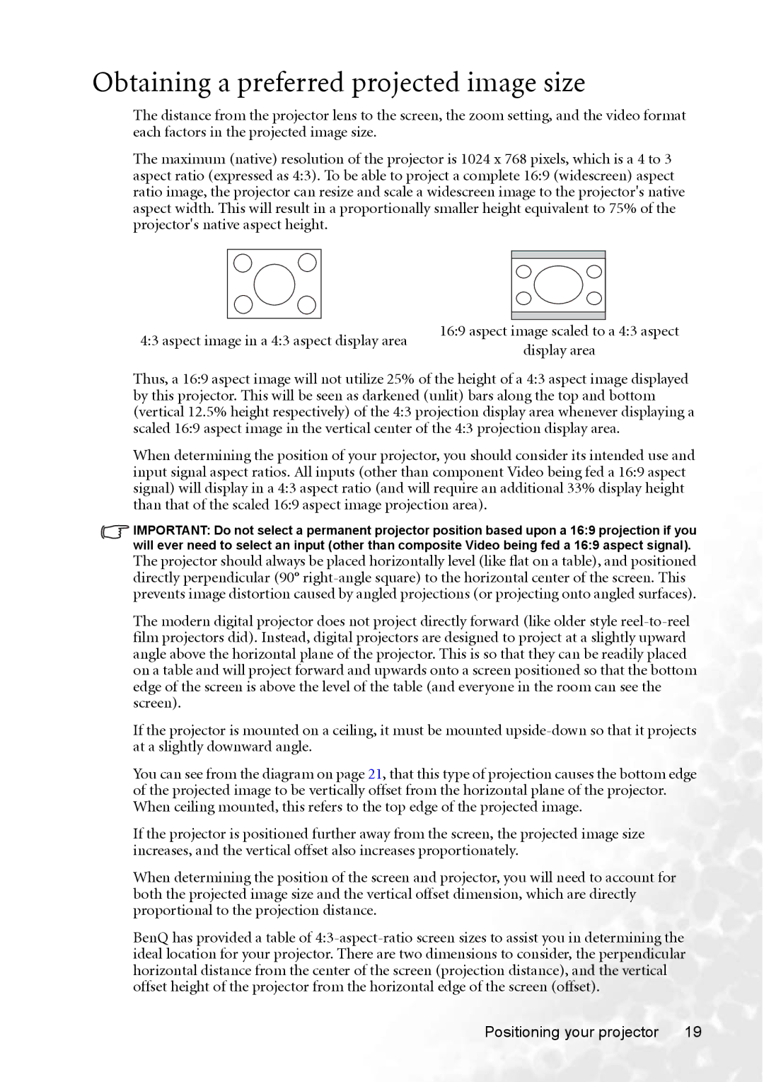 BenQ PB8253 user manual Obtaining a preferred projected image size 