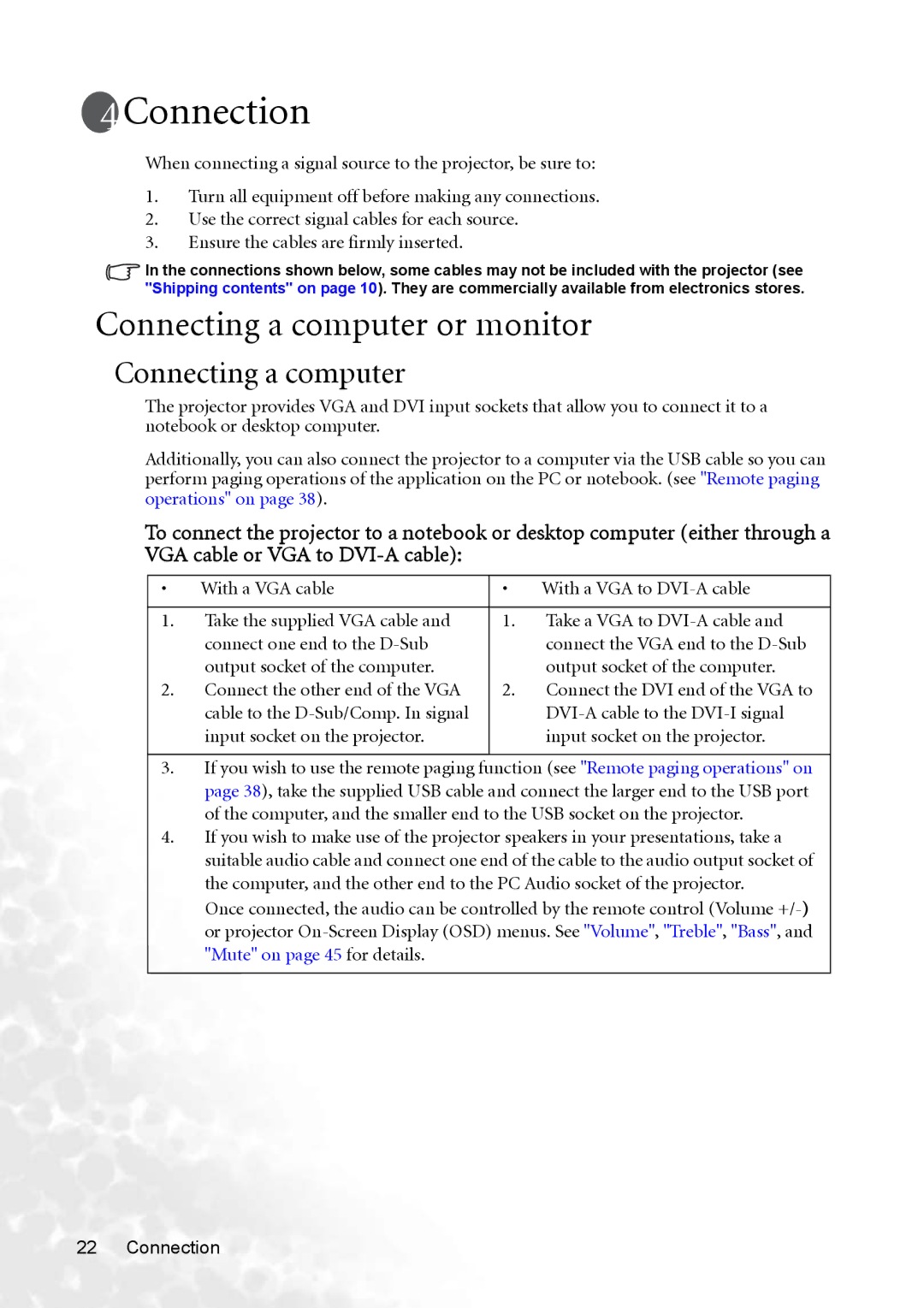 BenQ PB8253 user manual Connection, Connecting a computer or monitor 