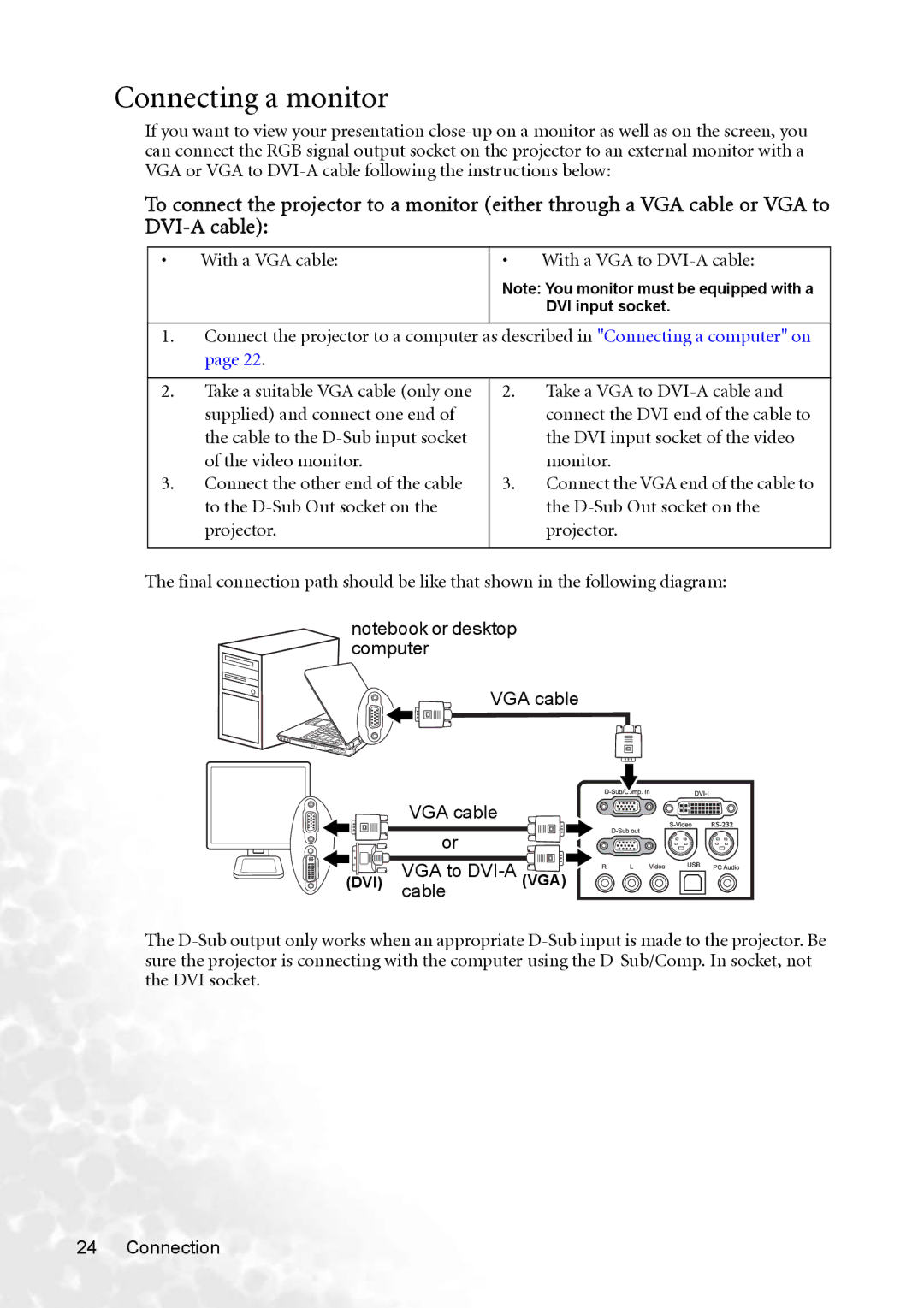 BenQ PB8253 user manual Connecting a monitor, With a VGA cable With a VGA to DVI-A cable 