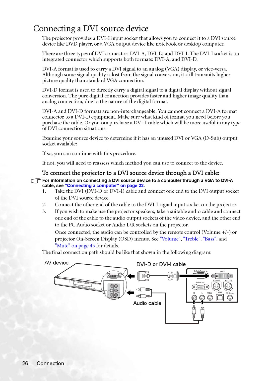 BenQ PB8253 user manual Connecting a DVI source device, Mute on page 45 for details 