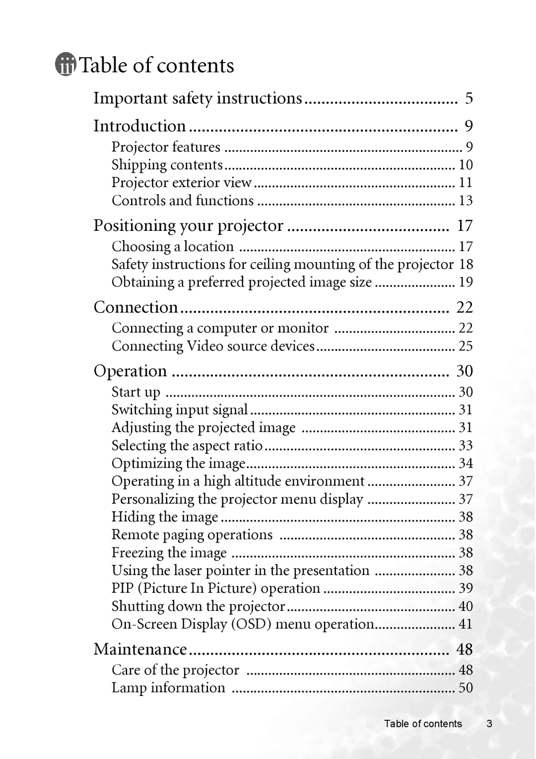 BenQ PB8253 user manual Table of contents 