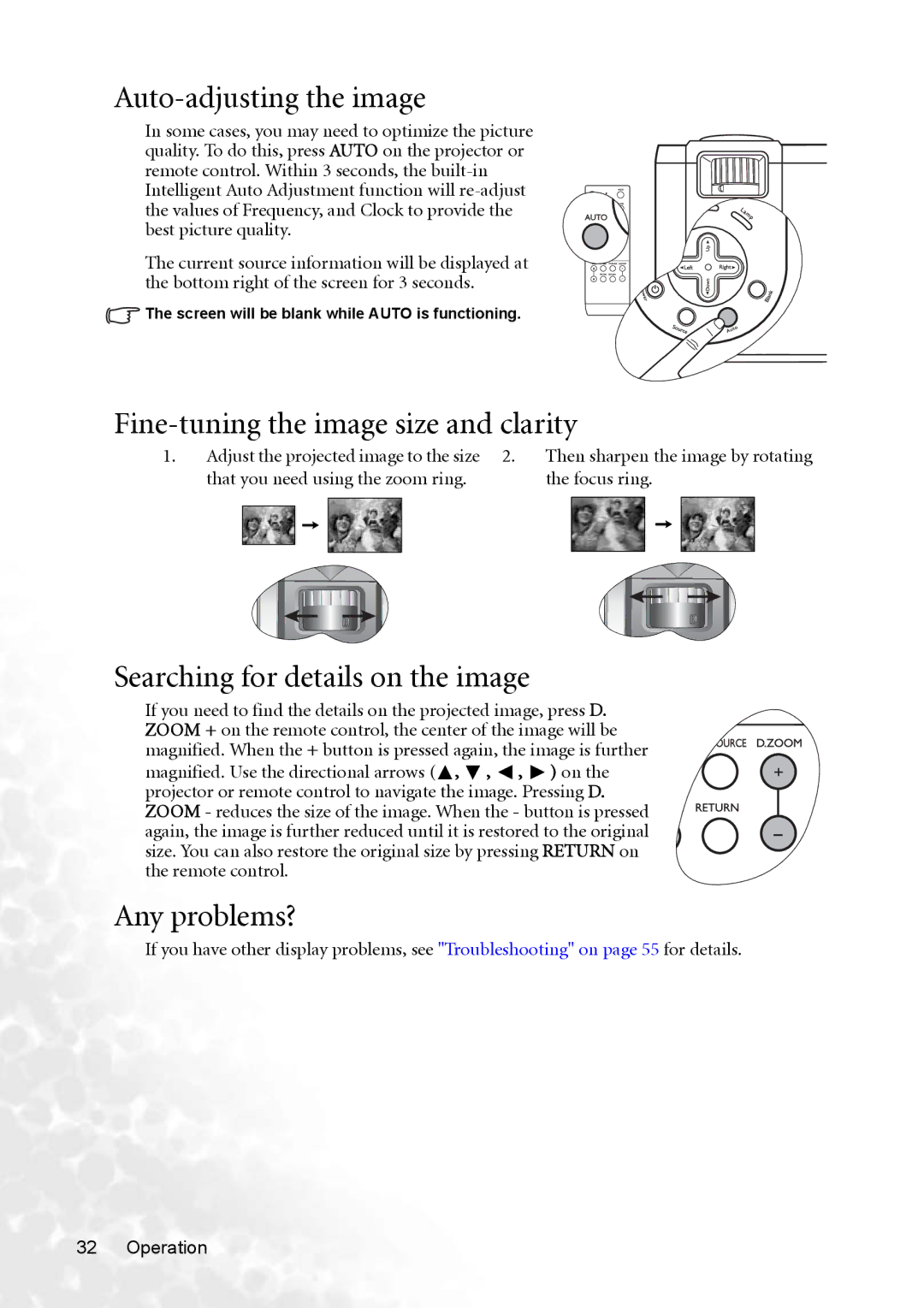 BenQ PB8253 Auto-adjusting the image, Fine-tuning the image size and clarity, Searching for details on the image 