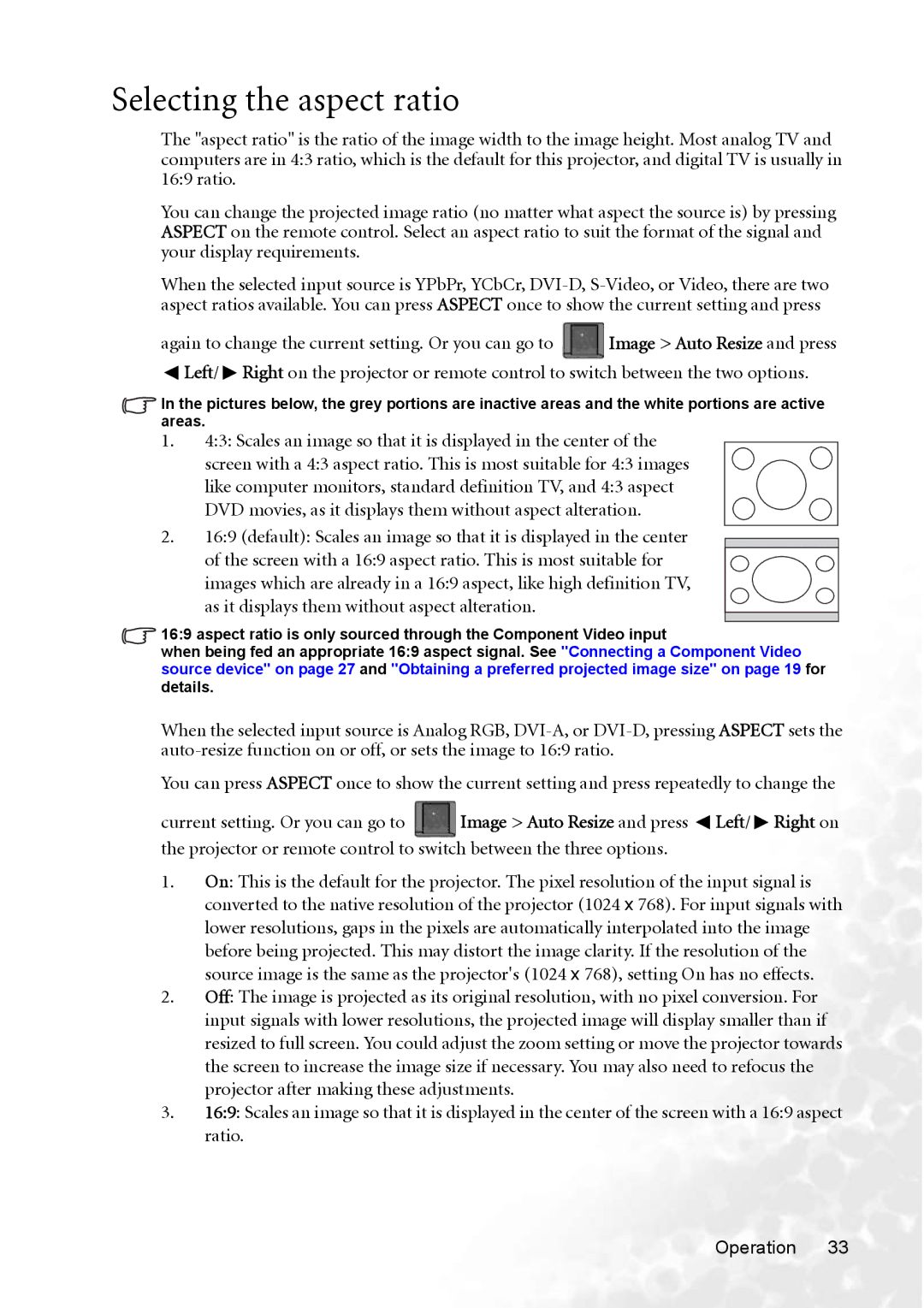 BenQ PB8253 user manual Selecting the aspect ratio, Scales an image so that it is displayed in the center 