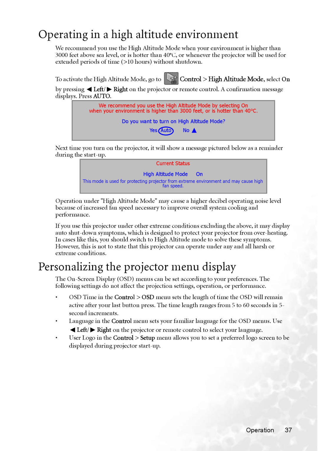 BenQ PB8253 user manual Operating in a high altitude environment, Personalizing the projector menu display 