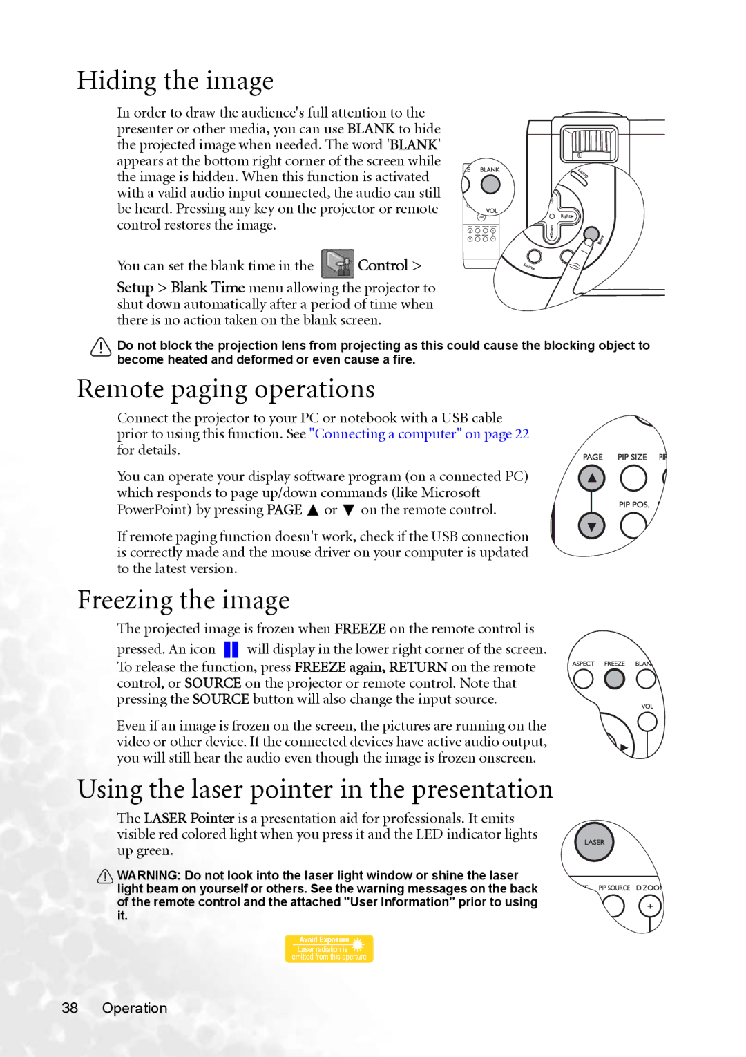 BenQ PB8253 Hiding the image, Remote paging operations, Freezing the image, Using the laser pointer in the presentation 